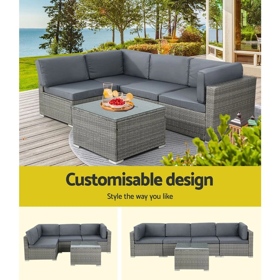 5 Gardeon 5-Piece Outdoor Sofa Set Wicker Couch Lounge Setting 4 Seater Durable Space Saving Modern Decor - Grey, 5 of 7