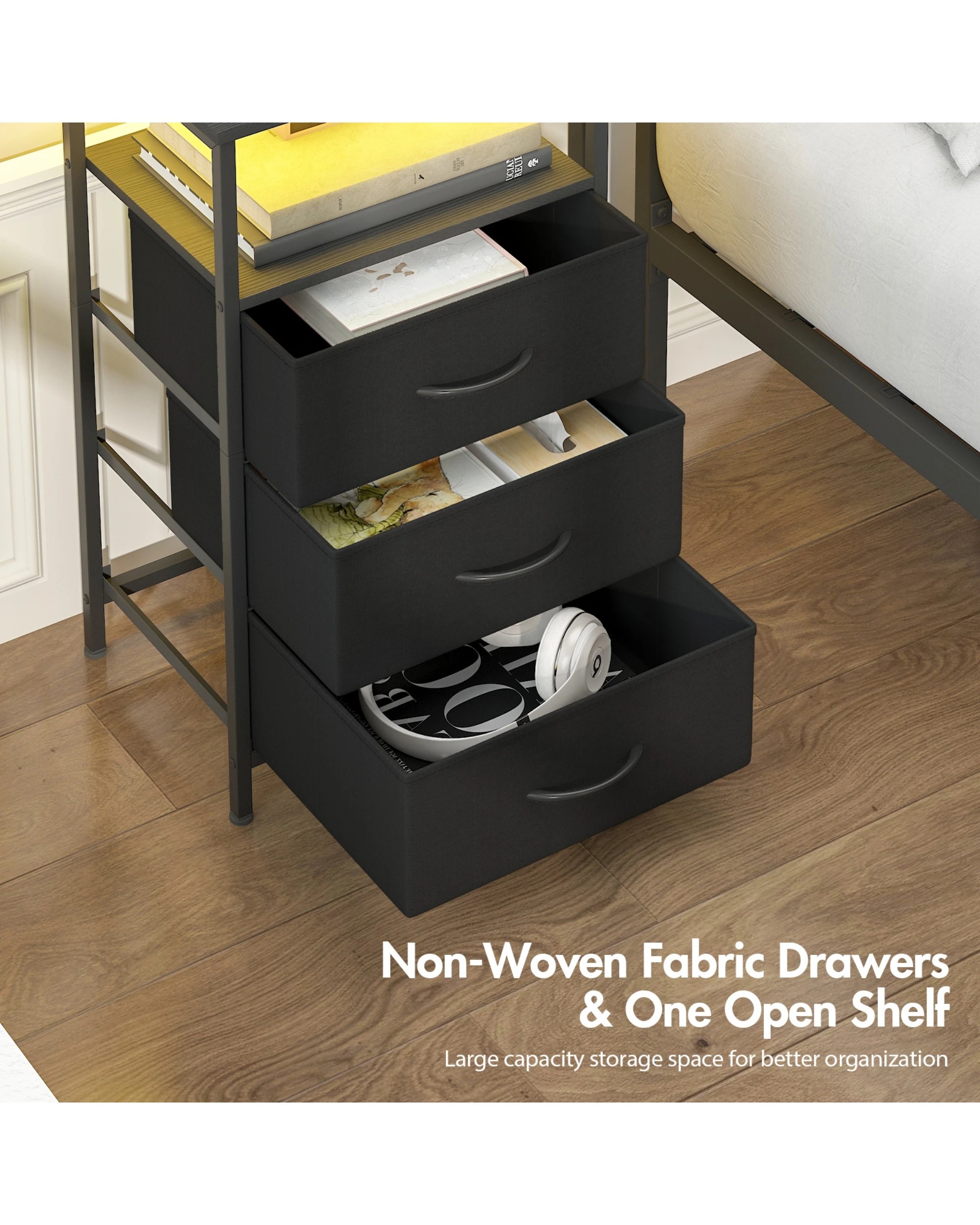 6 Advwin Led Bedside Table Set Of 2 With Charging Station 3 Fabric Drawers Nightstand
 - Black, 6 of 6