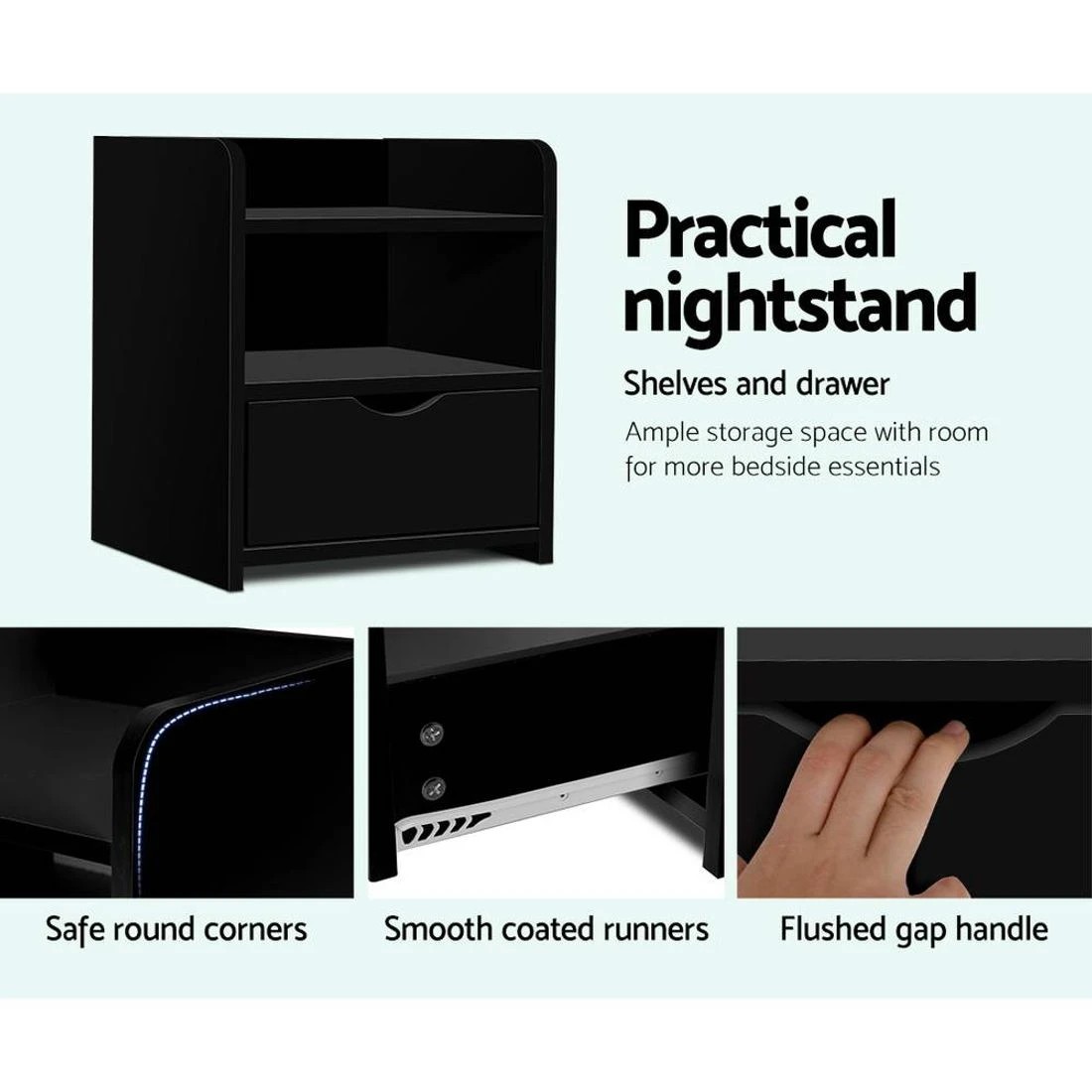 6 Artiss Bedside Table 1 Drawer with Shelf - Black, 6 of 10