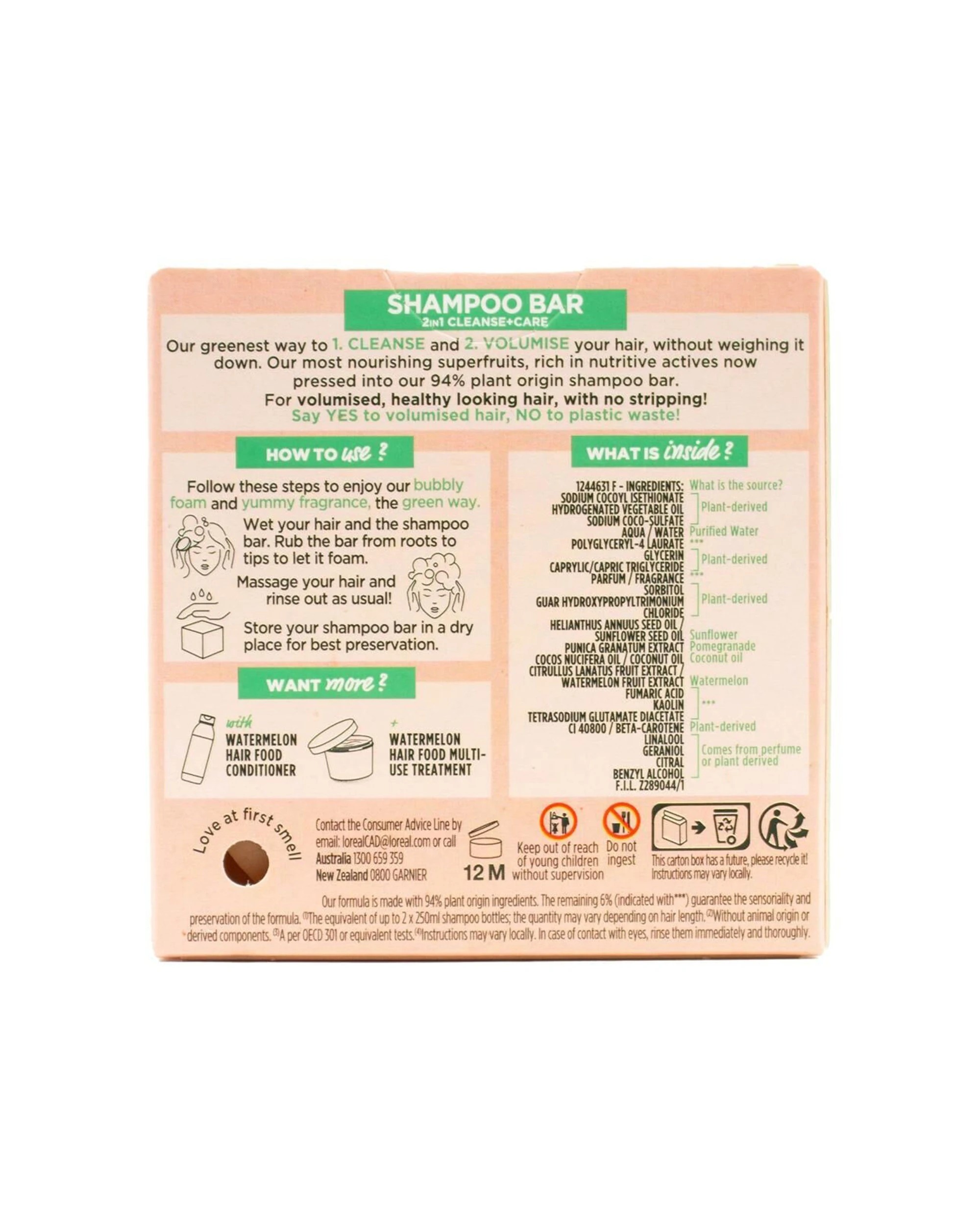 3 GARNIER 3PK Fructis Volumising Shampoo Bar 60g 2in1 Watermelon Cleanse - Multi, 3 of 3