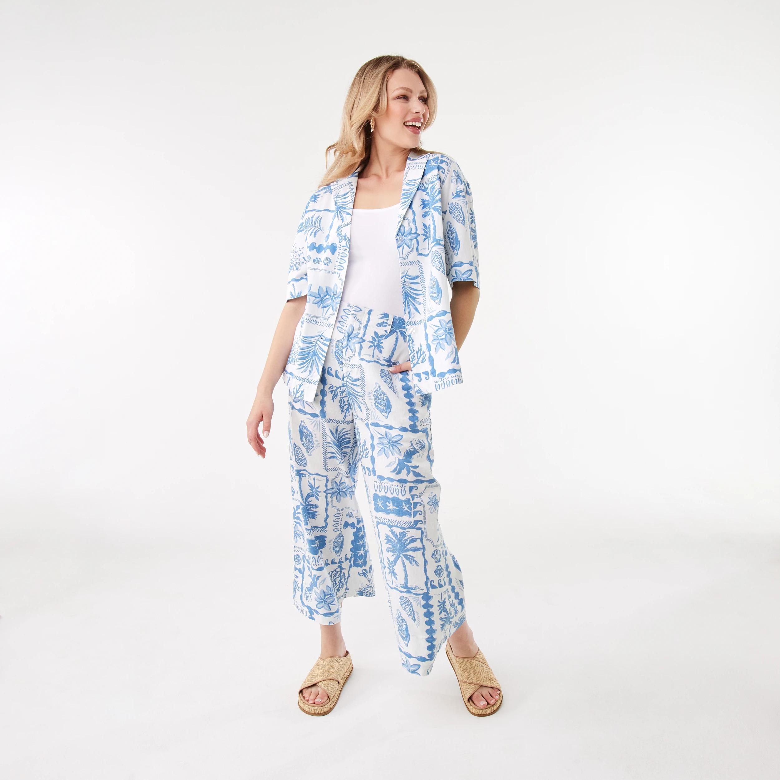 2 Printed Linen Blend Pants Pcard Blue, 2 of 6