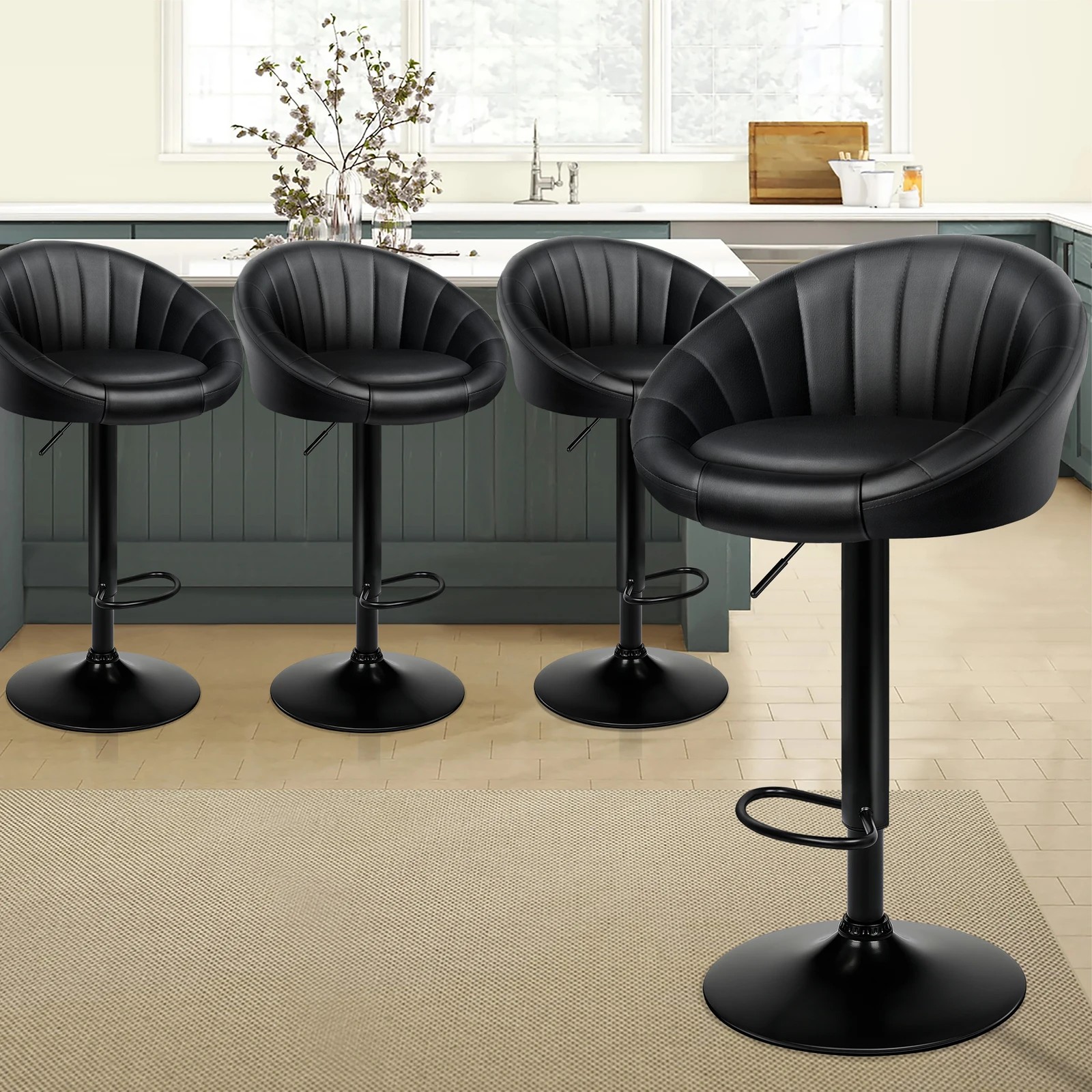 2 Alfordson 4x Bar Stools Gas Lift Leather Chairs Kitchen Swivel - All Black, 2 of 10