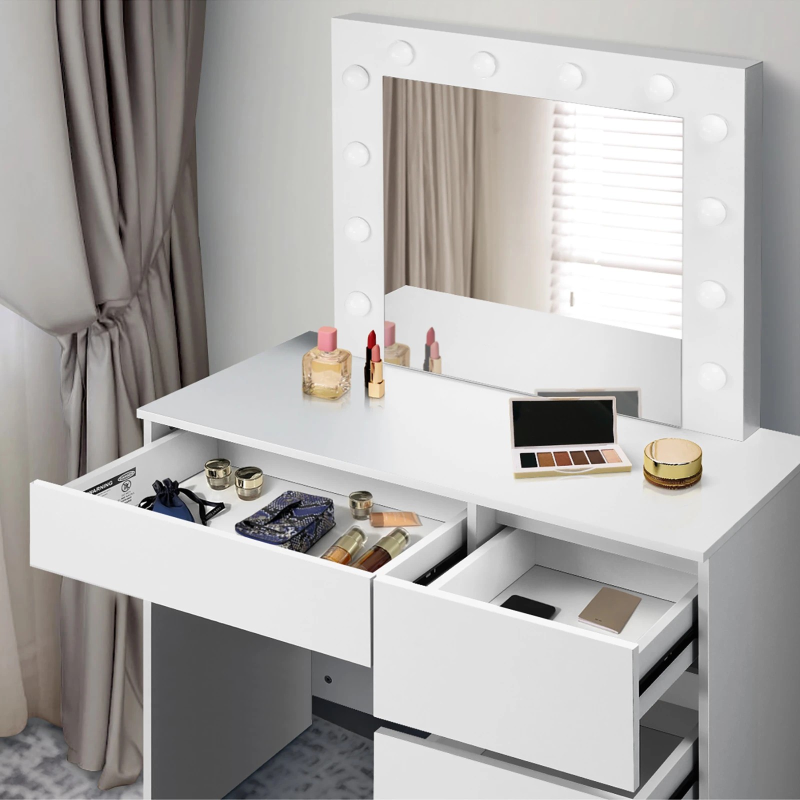 5 Oikiture Dressing Table Stool Set Makeup Desk Mirror Storage 12 Led Bulbs
 - White, 5 of 9