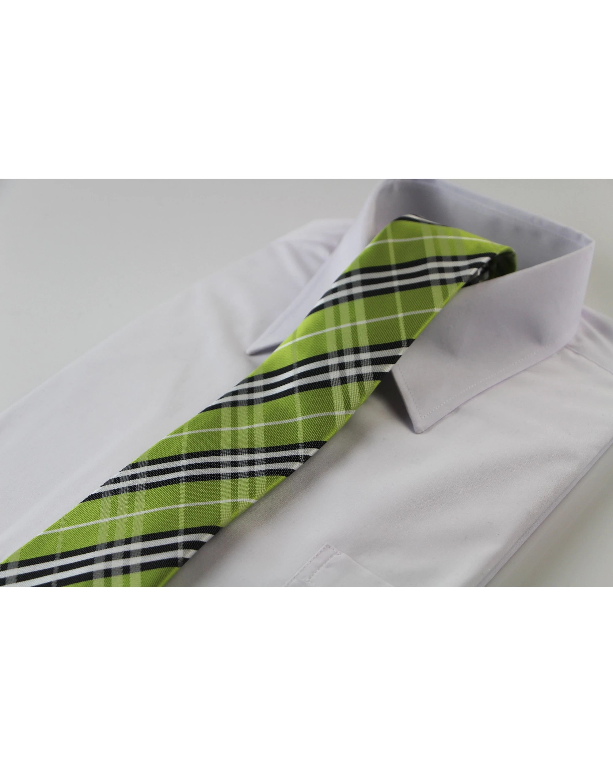 1 Zasel Mens Lime Green, Black & White Plaid Striped Patterned 8cm Neck Tie, 1 of 2