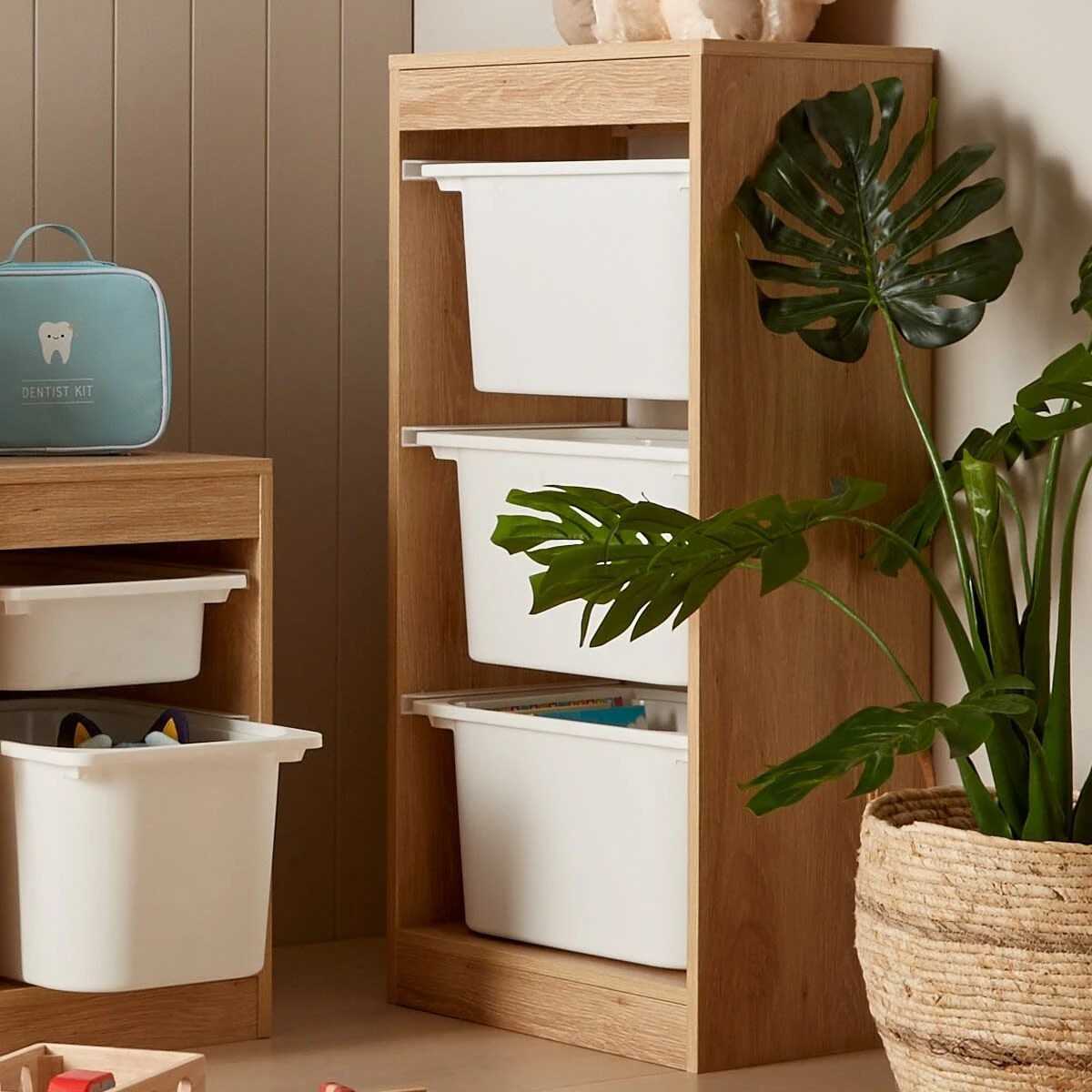 1 Kids 3-Tub Storage Organiser - Oak Look, 1 of 7