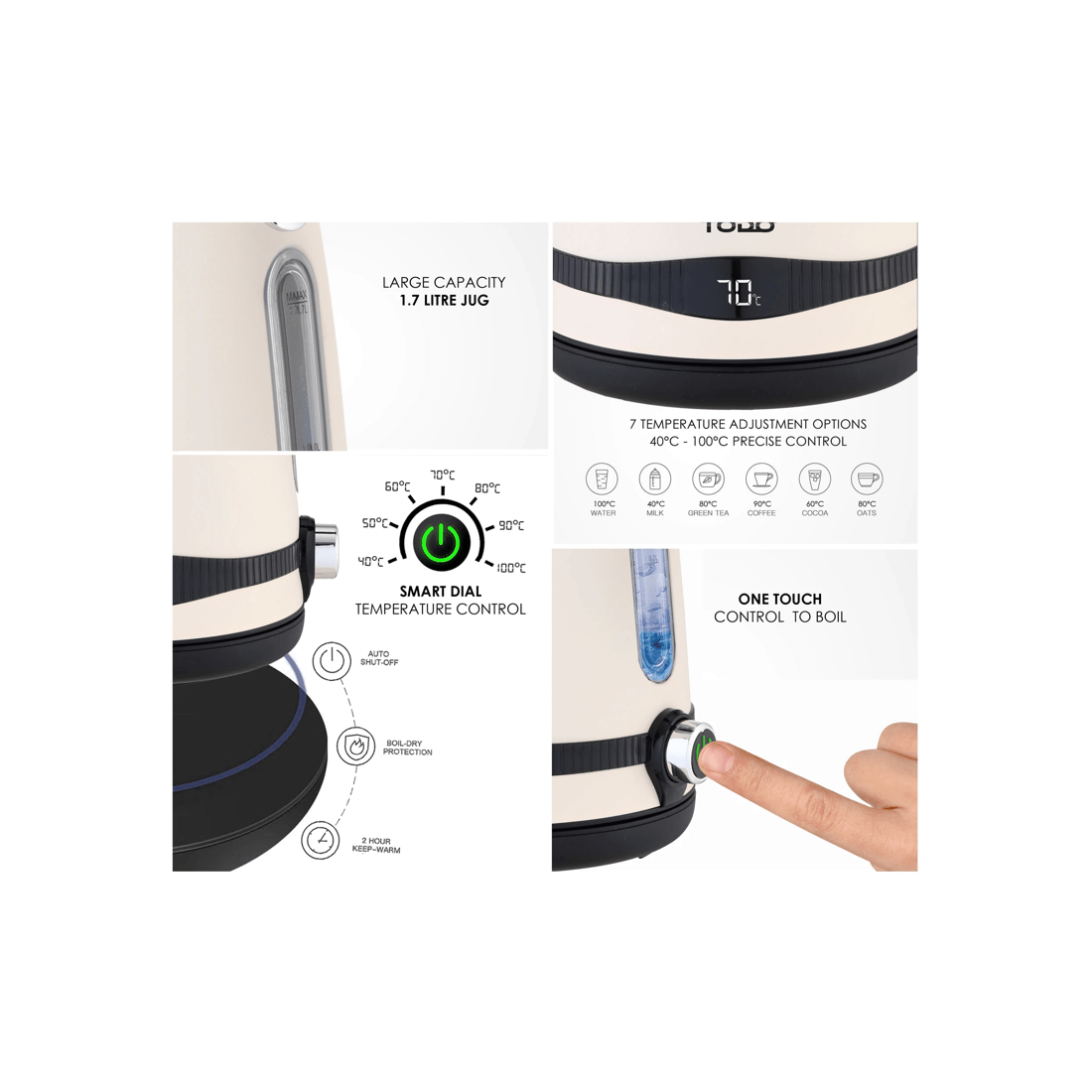 6 TODO 1.7L Stainless Steel Cordless Kettle Keep Warm Electric Led Water Jug - Cream, 6 of 6