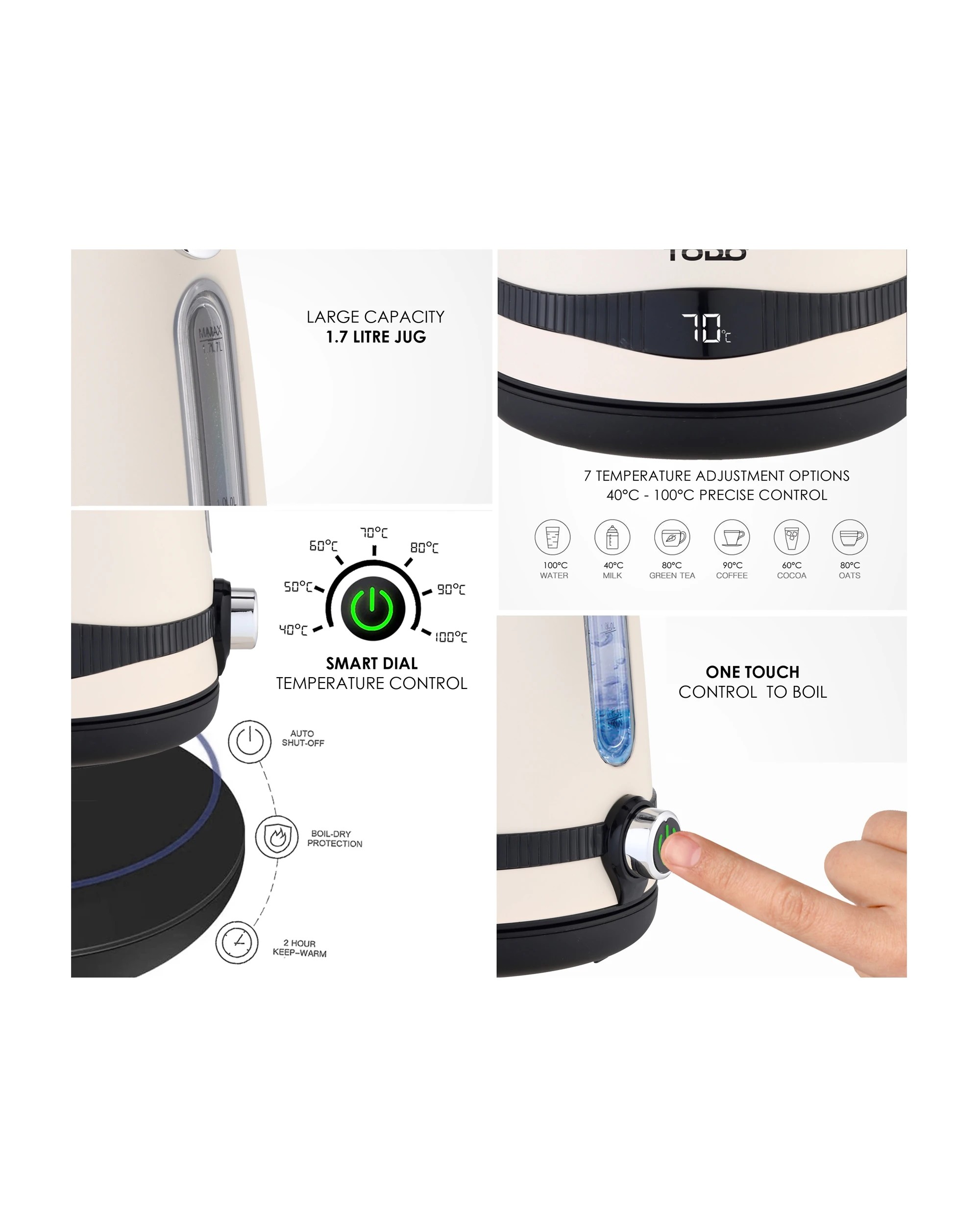 6 TODO 1.7L Stainless Steel Cordless Kettle Keep Warm Electric Led Water Jug - Cream, 6 of 6