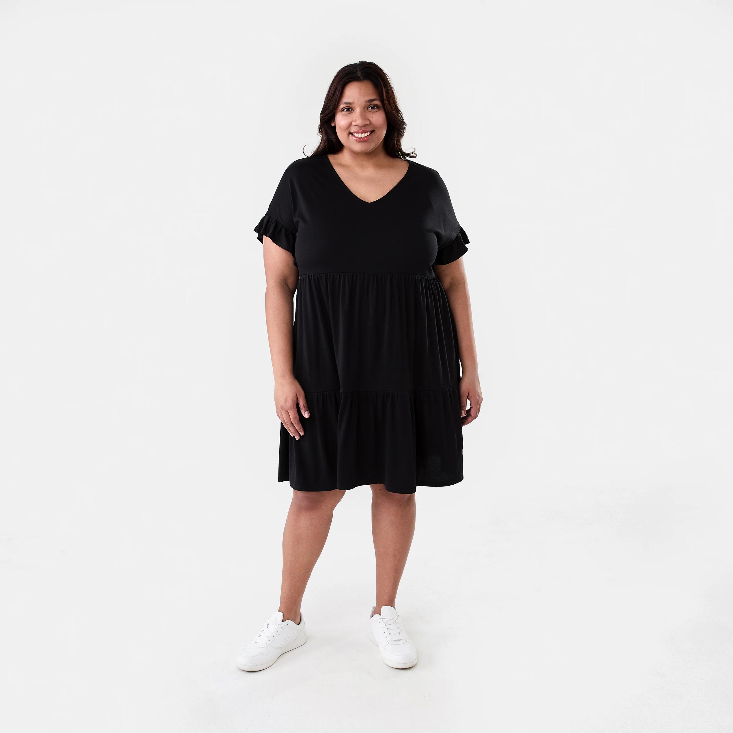 9 Curve Short Sleeve Frill Tier Knit Mini Dress Black, 9 of 9