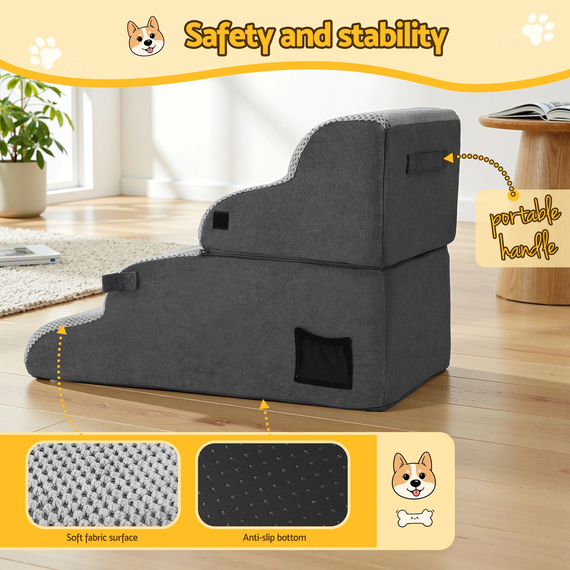 4 i.Pet Dog Stairs and Bed 2-in-1 Sofa Car Foam Non-Slip Washable Pet Stairs - Grey, 4 of 6