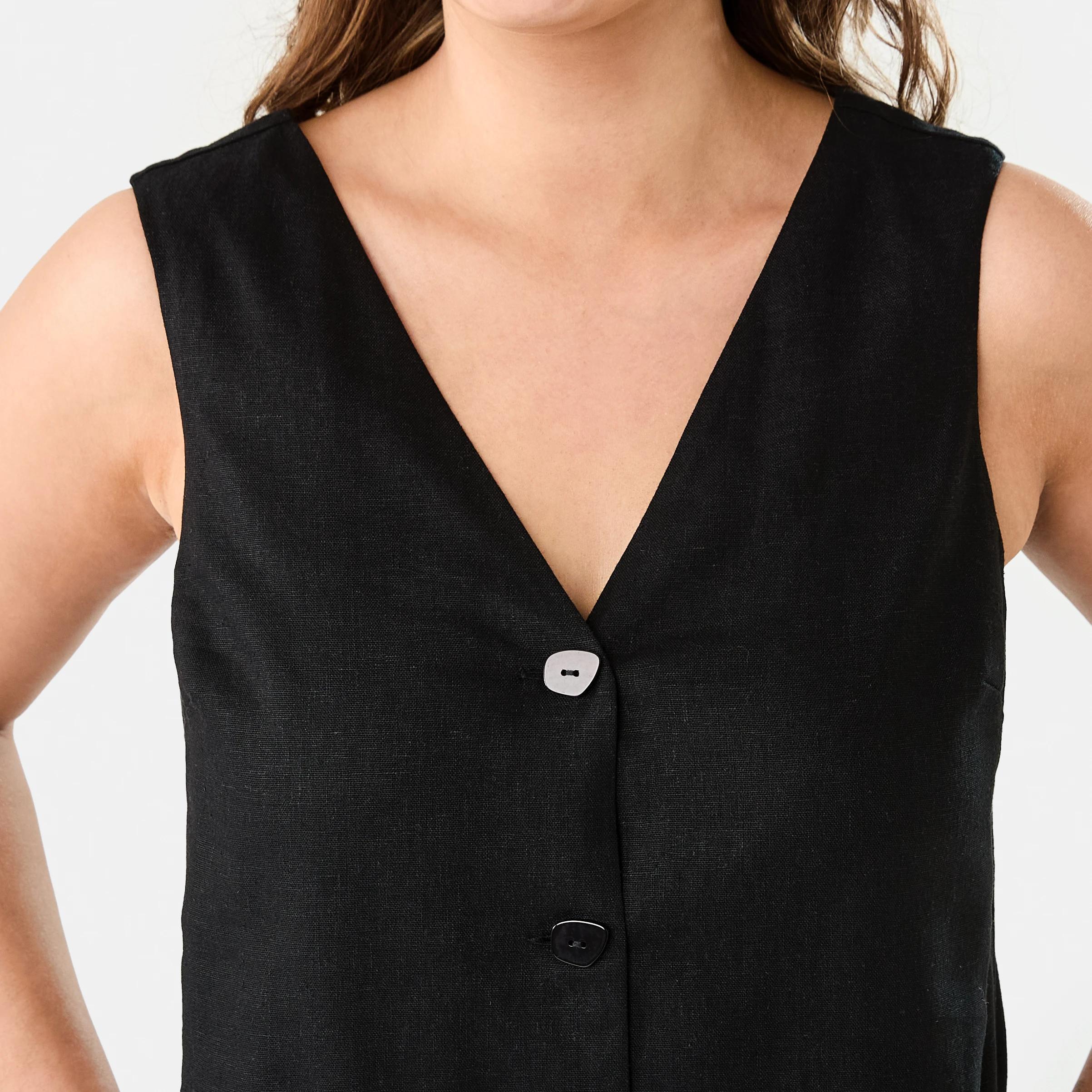 6 Sleeveless V-neck Linen Blend Button Mini Dress Black, 6 of 9