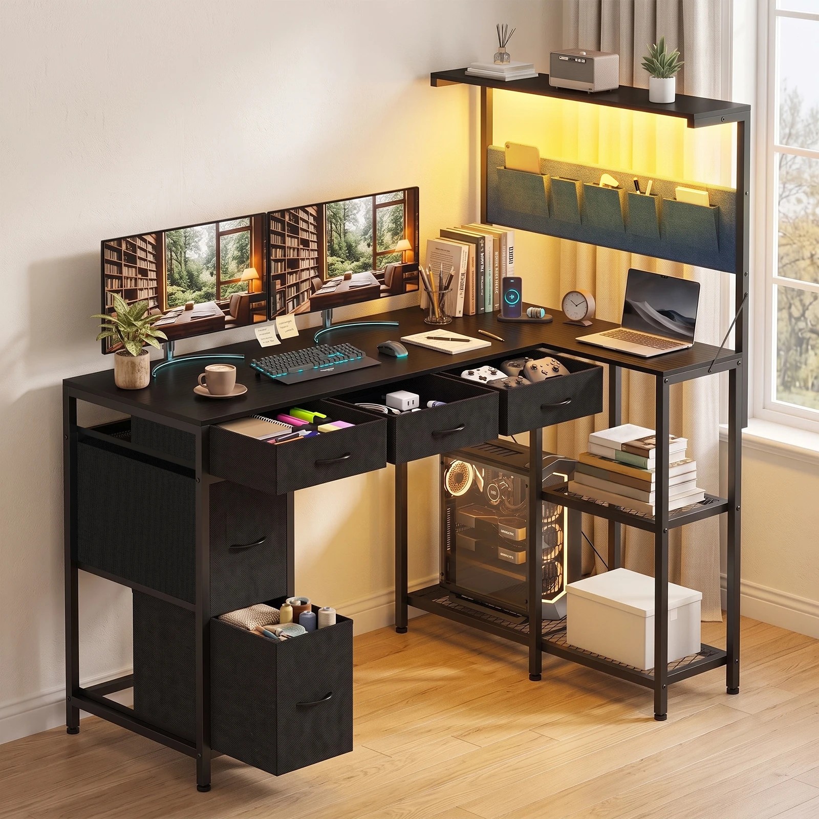 5 Advwin Gaming Desk with Power Outlets Reversible Corner Computer Desk with Storage Shelf Fabric Drawer and Bag - Black, 5 of 6