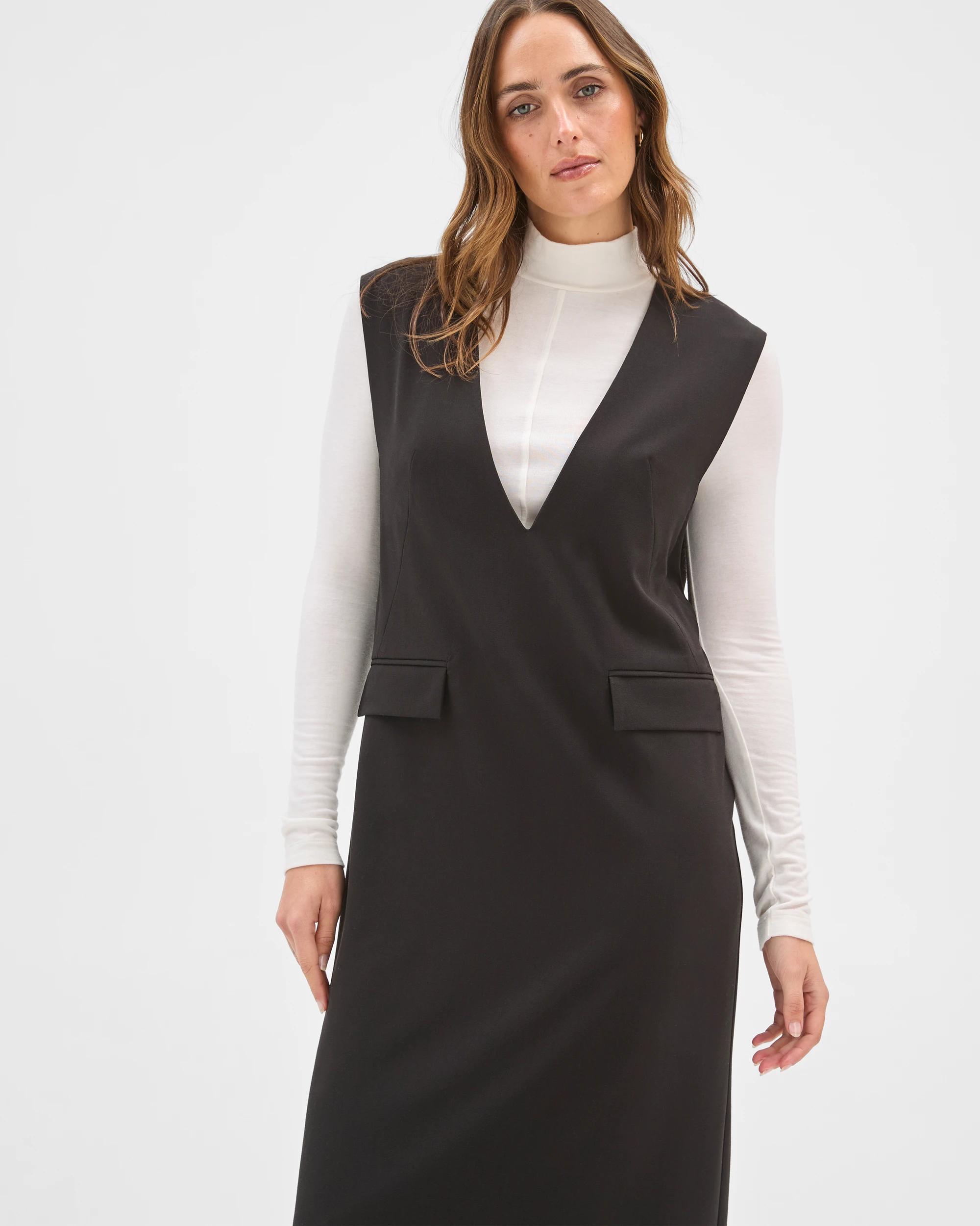 3 Preview Deep V-Neck Column Midi Dress BLACK, 3 of 7