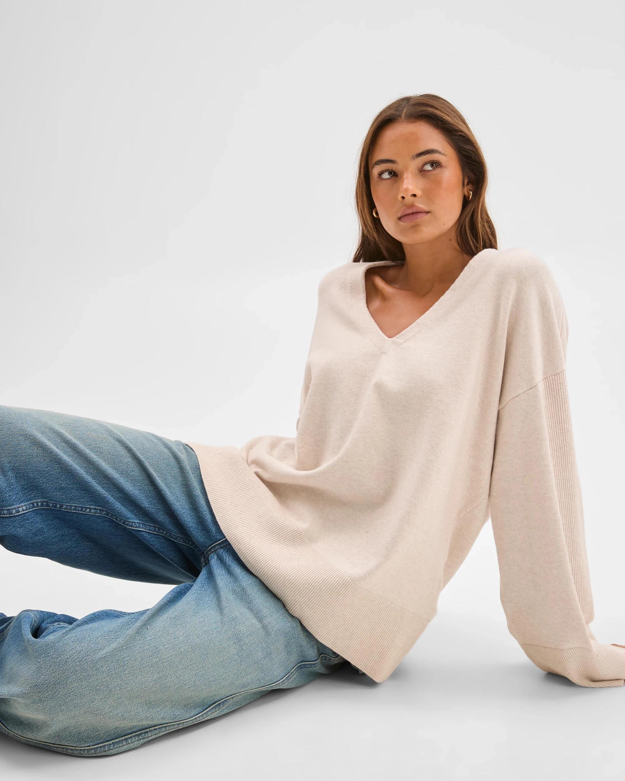 1 Lily Loves Australian Cotton Blend Longline Knit Top OATMARLE, 1 of 6