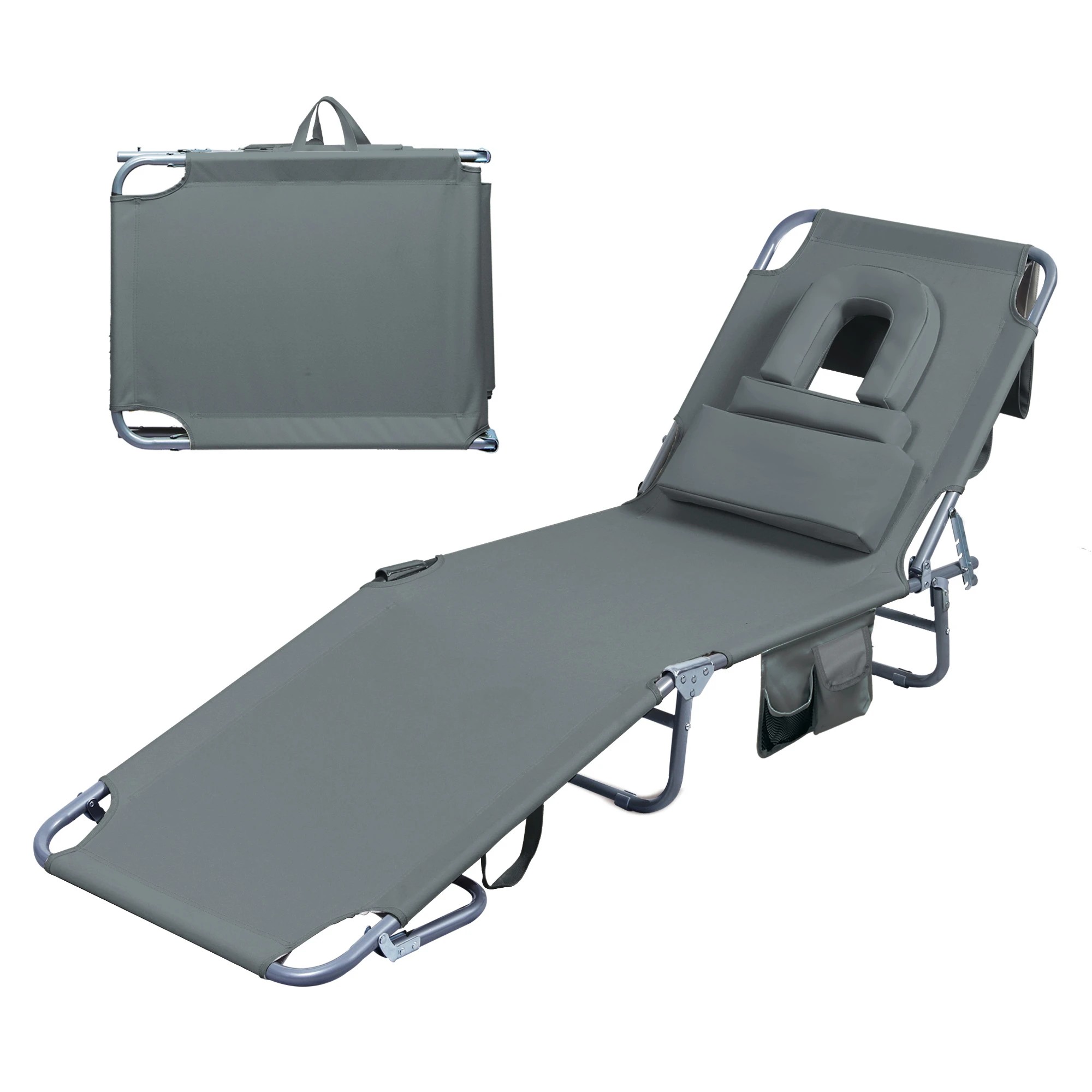 1 Levede Folding Beach Lounge Chair with Face Hole Sun Lounger Camping - Grey, 1 of 9