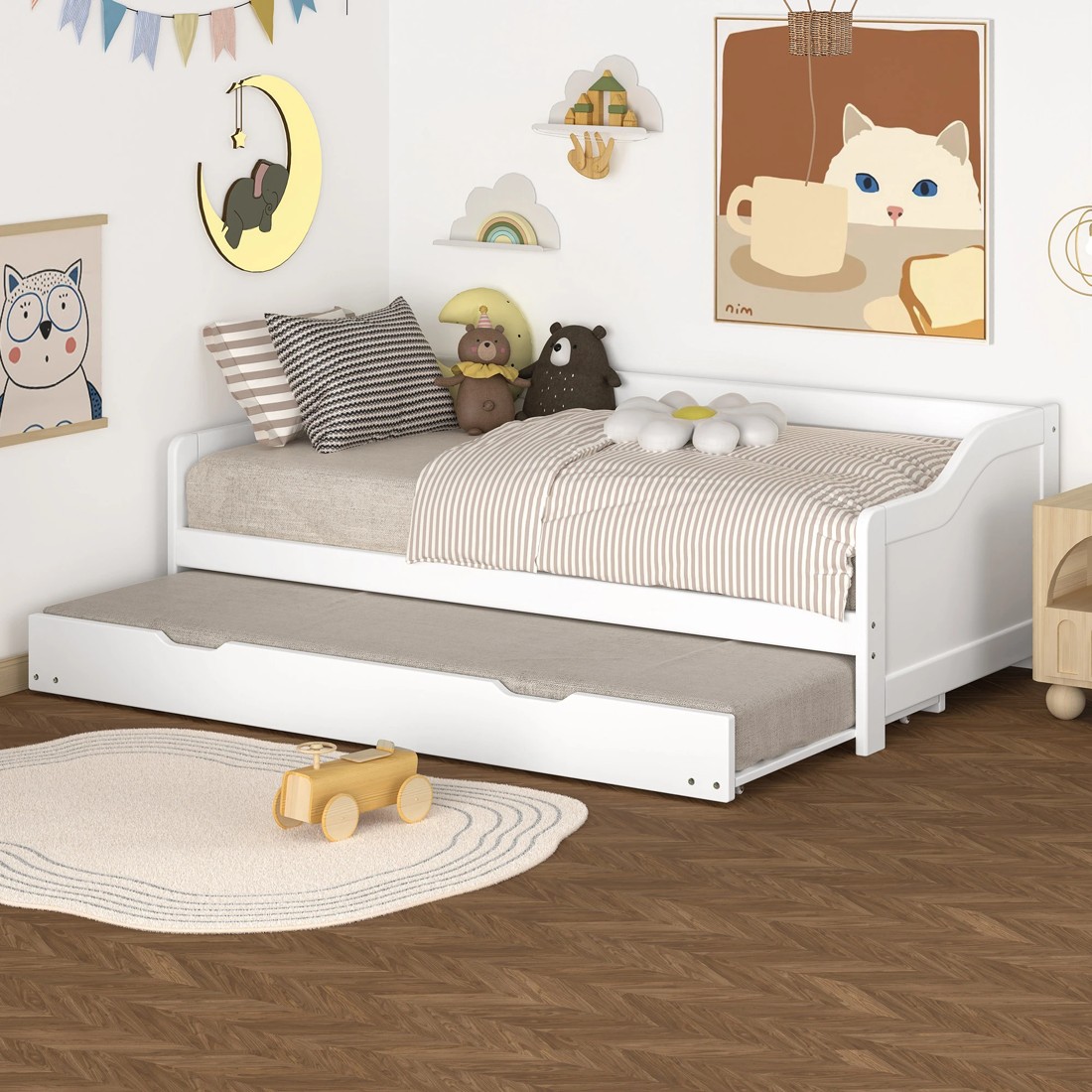 4 Alfordson Bed Frame Trundle 2x Single Size Wooden Daybed Base Timber - White, 4 of 9