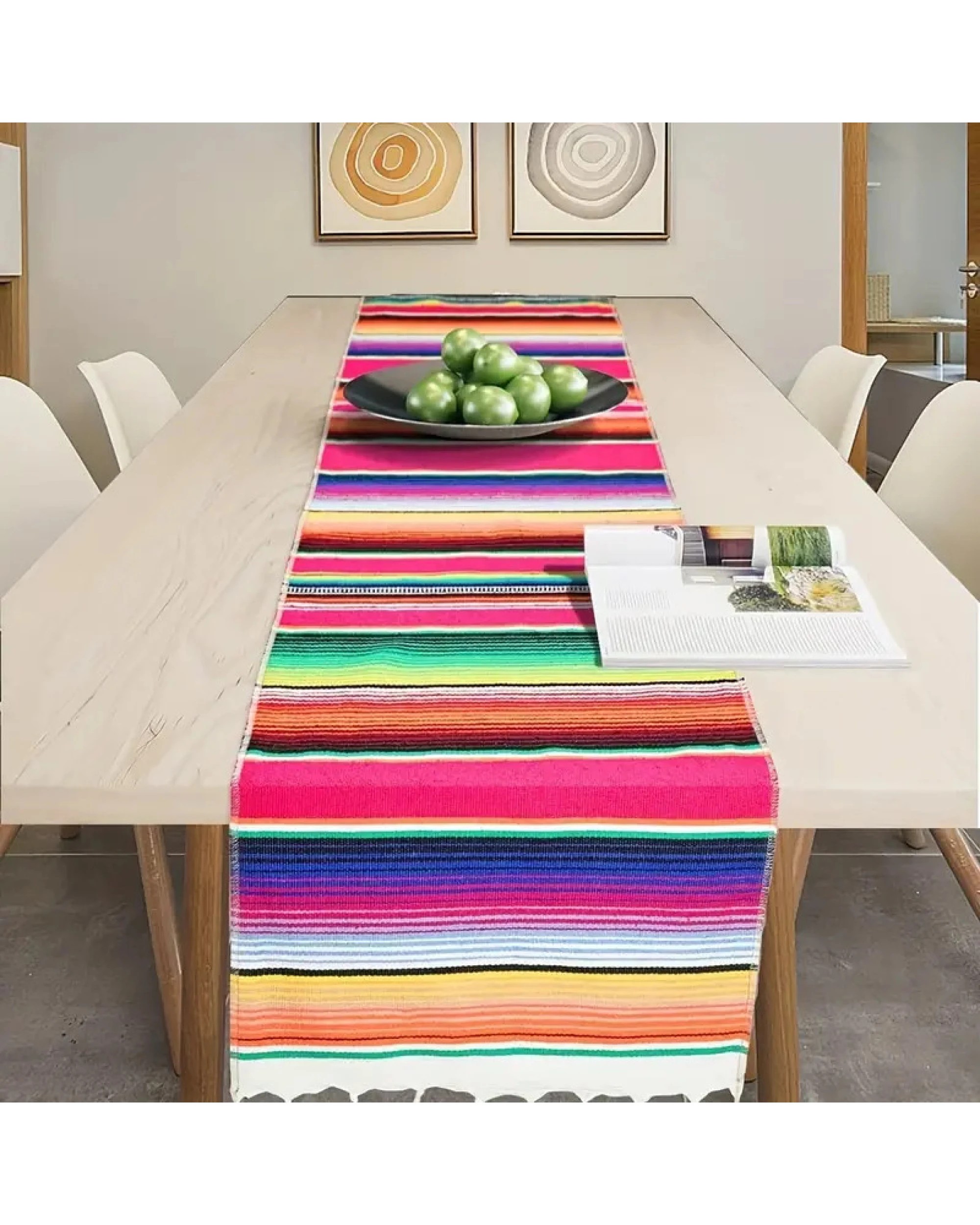 3 Br Home Rainbow Table Cloth Runner Stripe W/ Tassel Mexican Tablecloth Wedding Party Decor, 3 of 6