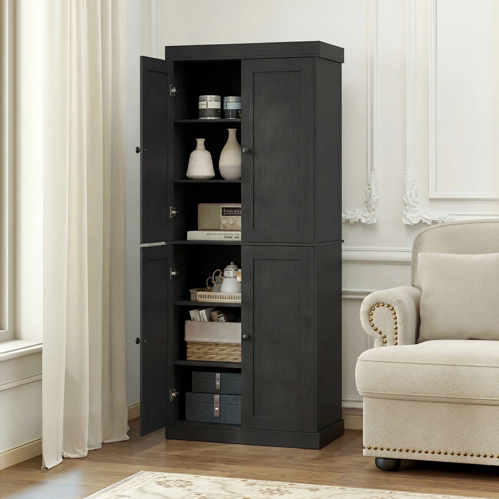 3 Costway 185cm 4-Door Buffet Sideboard Cupboard 6-Tier Storage Cabinet - Black, 3 of 4