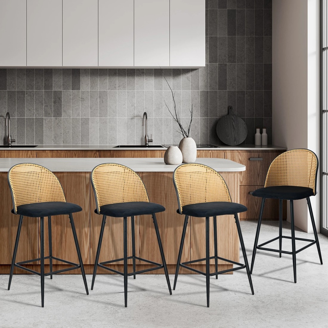 2 Oikiture Bar Stools Kitchen Counter Stool Rattan Dining Chair Velvet X4
 - Black, 2 of 10