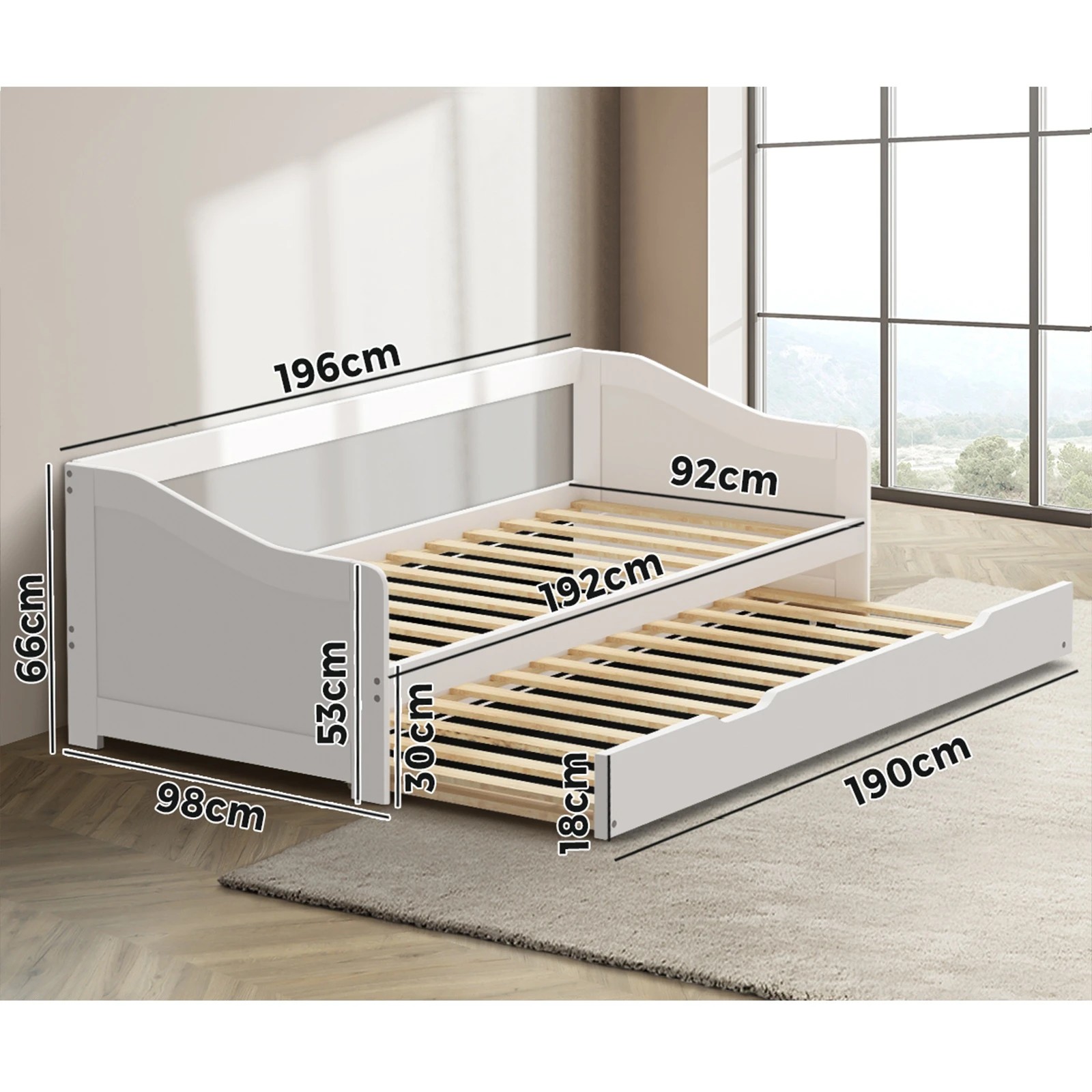 3 Oikiture Trundle Bed Frame Daybed Single Size Base Timber Wooden Single Beds X2
 - White, 3 of 10