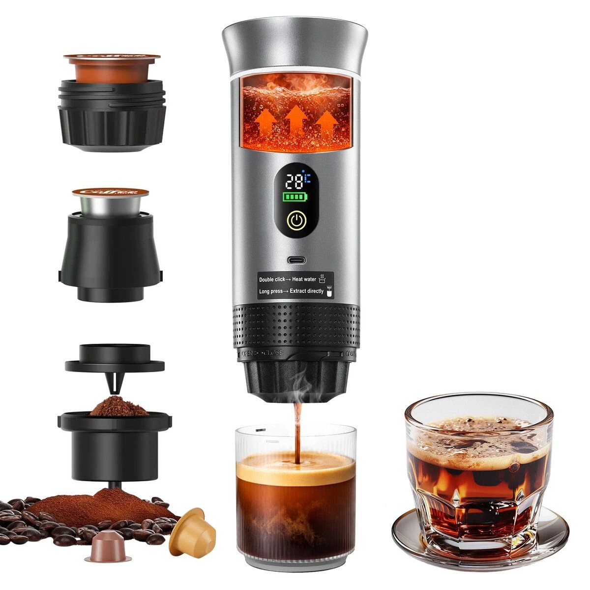 1 AUSWAY 3 in 1 Portable Coffee Maker Espresso Machine Cafe Camping Travel USB Rechargeable Electric 20 Bar Compatible, 1 of 3