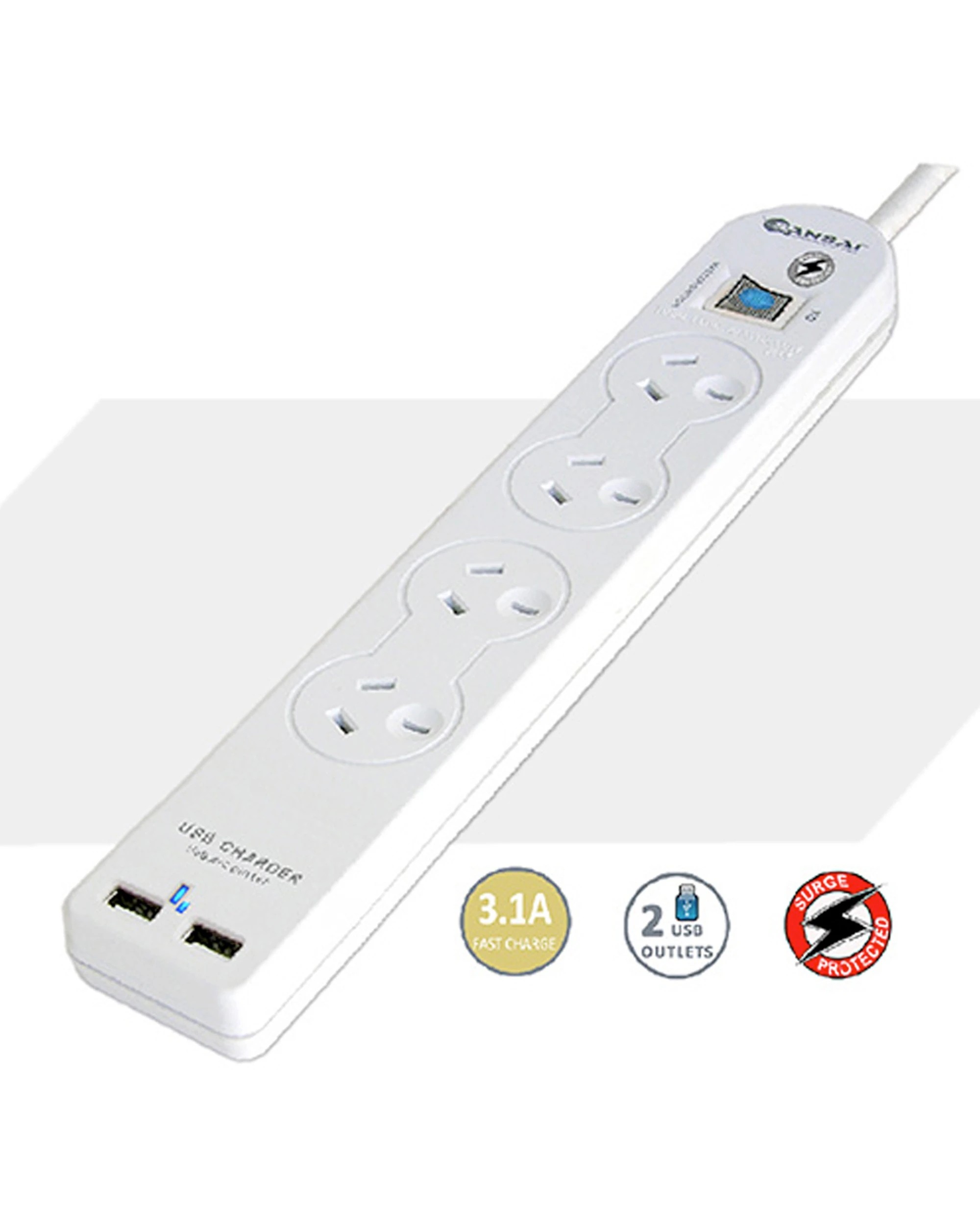2 Sansai 4 Socket USB Powerboard Power Plug Adaptor With USB-A Ports - White, 2 of 3