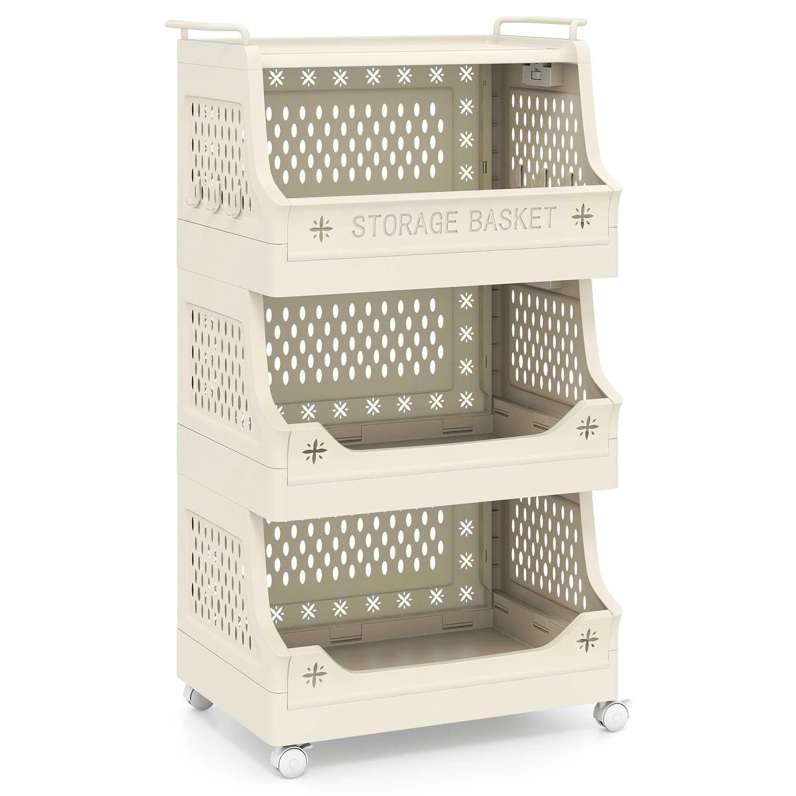1 Costway 4 Tier Rolling Storage Cart w/Open Front Baskets Stackable Plastic Organizer - Beige, 1 of 1