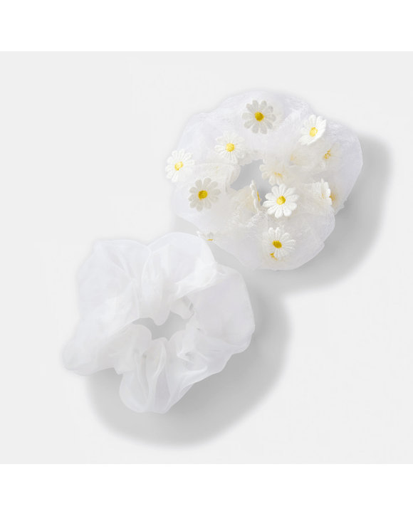 2 Pack Daisy Organza Hair Scrunchies - White