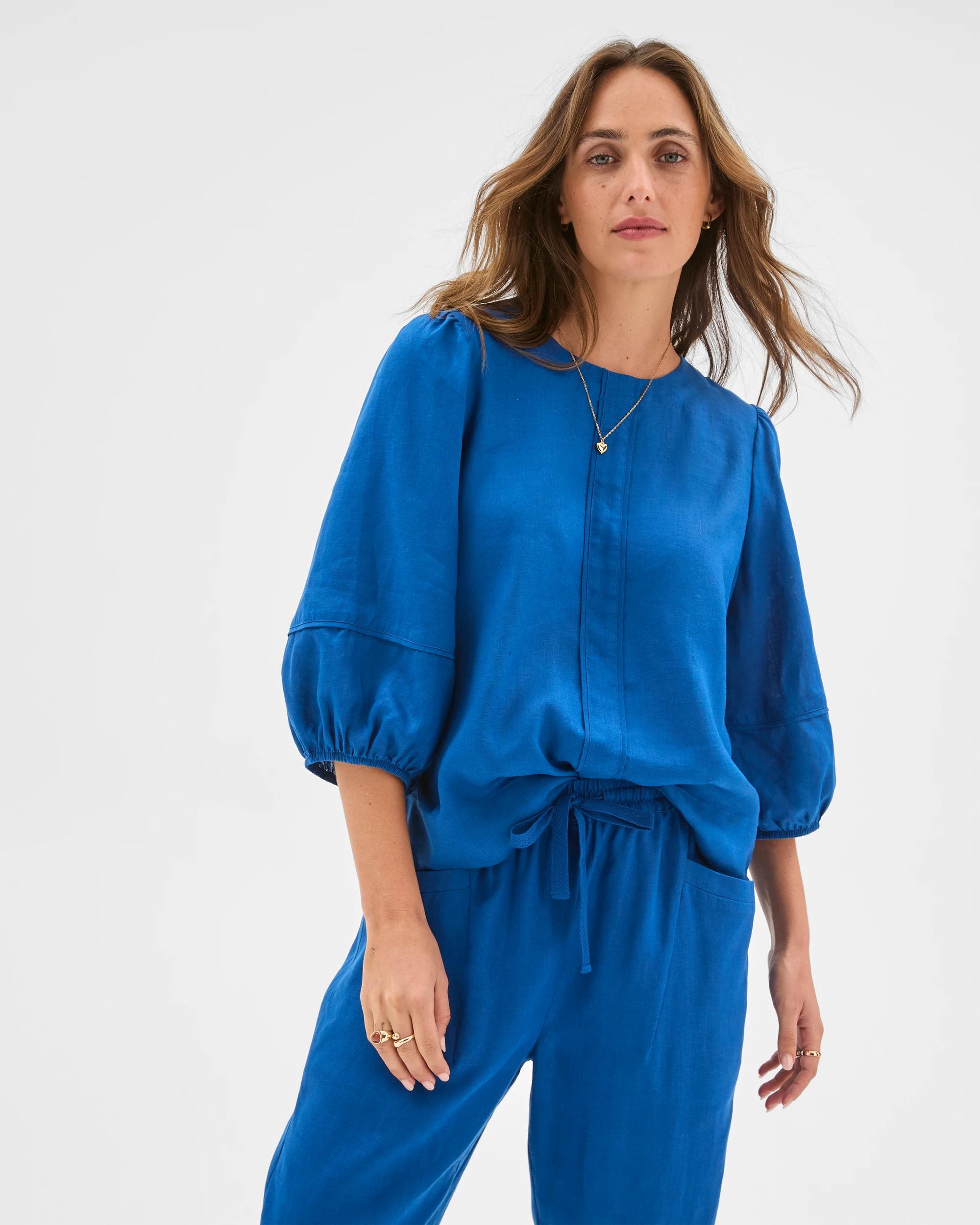 1 Target Woman European Linen 3/4 Sleeve Femme Popover Blouse DEEP OCEAN, 1 of 6