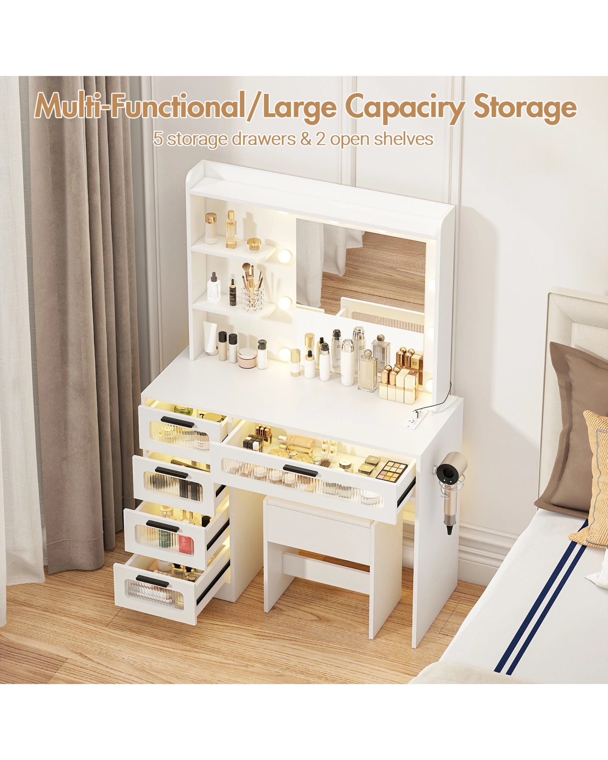 3 Advwin Dressing Table Stool Set With Mirror 10 Led Bulbs Vanity Desk
 - White, 3 of 9