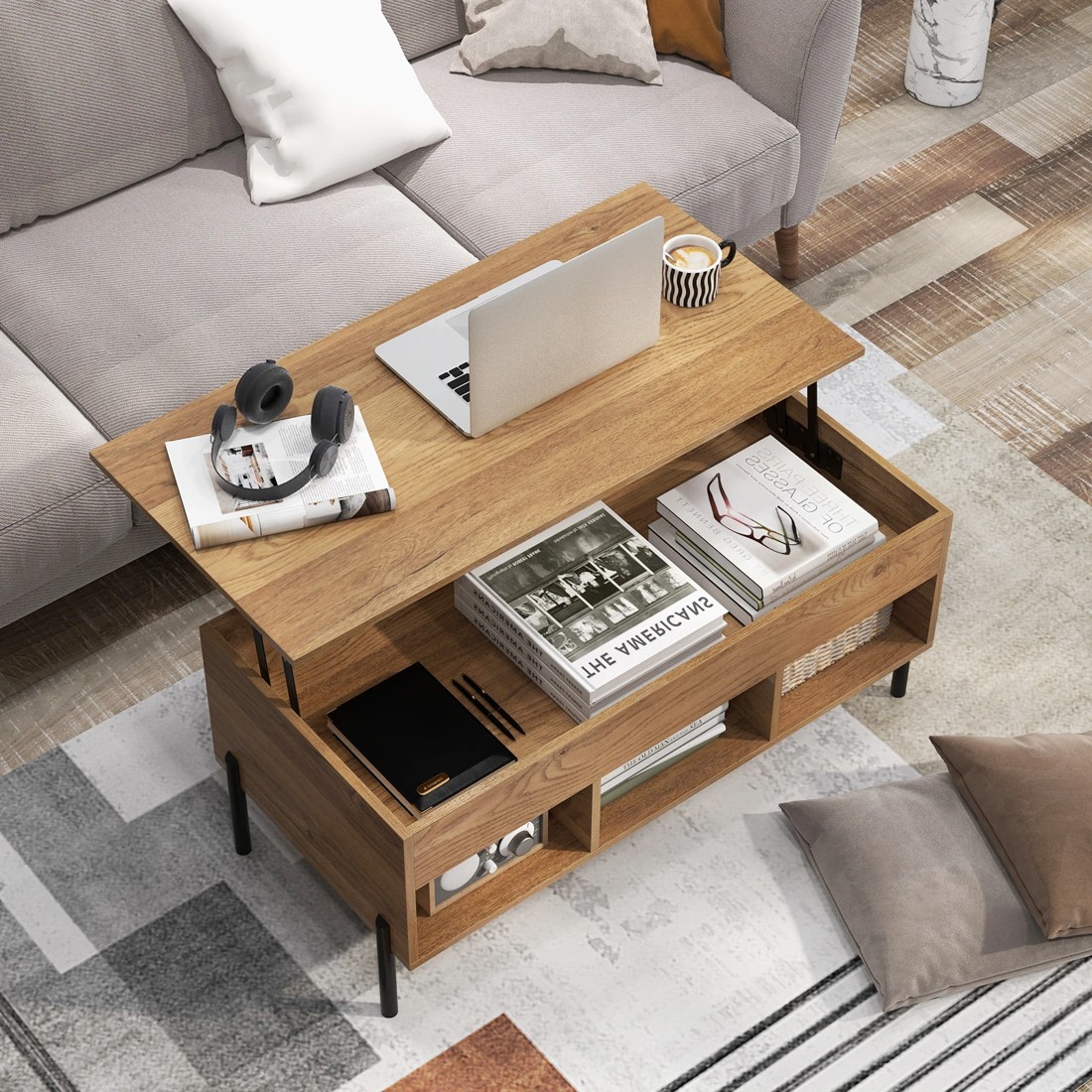 9 Costway Lift-Up Top Coffee Table w/3 Open Cubbies - Natural, 9 of 10