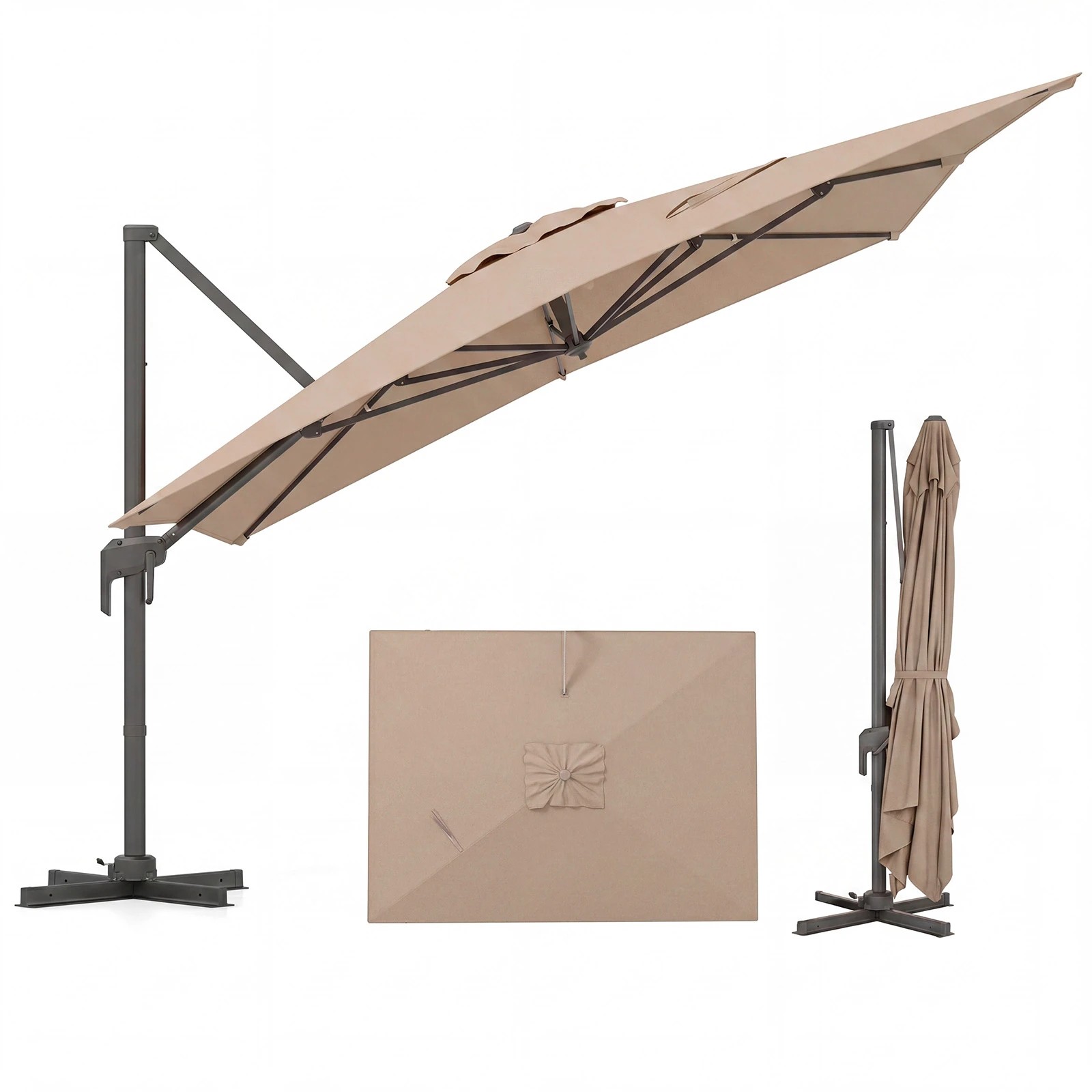 1 Costway 300x390cm Cantilever Patio Umbrella Offset 5 Tilt 360°Rotate Crank Lift Double Top - Brown, 1 of 1