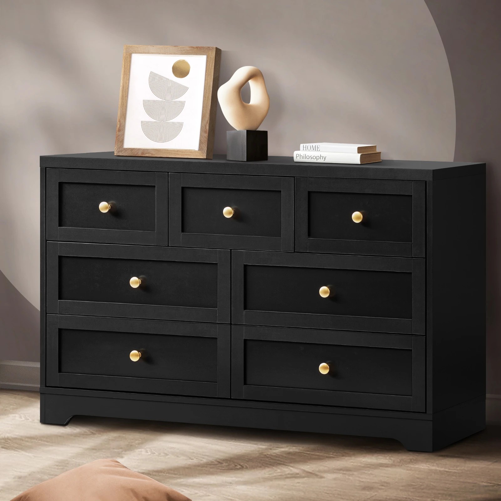2 Oikiture 7 Chest of Drawers Lowboy Dresser Table Storage Cabinet - Black, 2 of 9