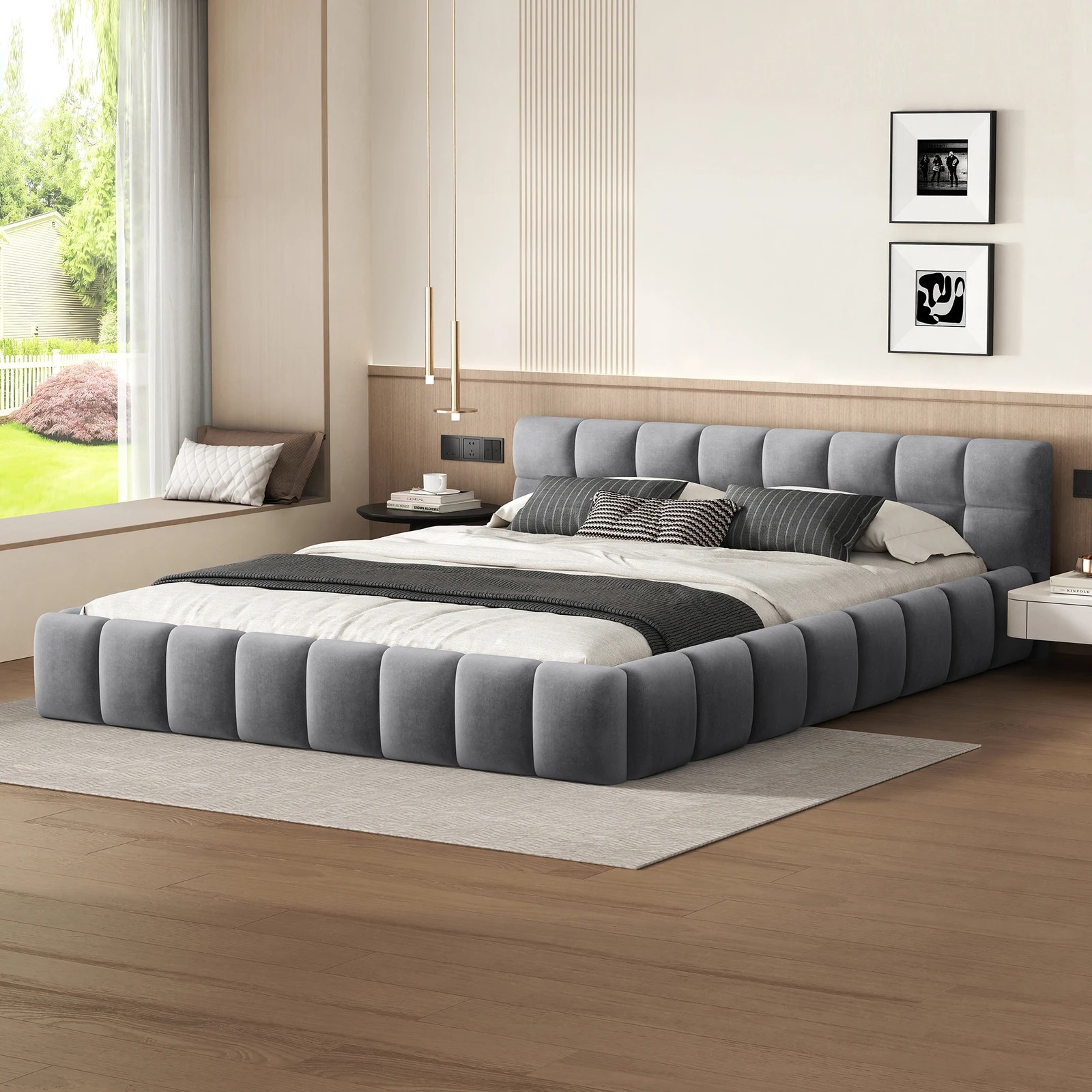 2 Alfordson Bed Frame King Size Tufted Headboard Foundation Velvet Talmon - Grey, 2 of 10