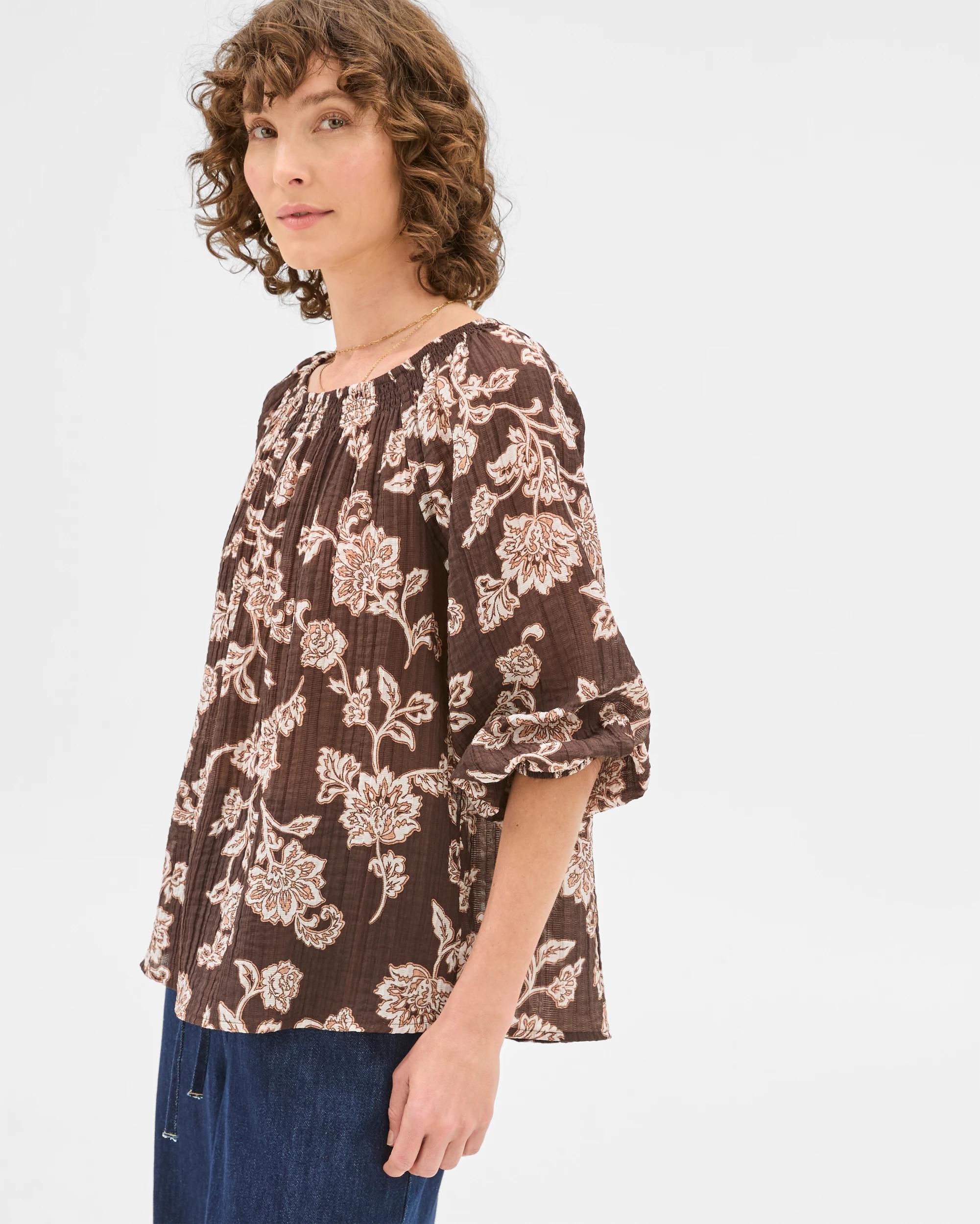 3 Target Woman Viscose/nylon Long Sleeve Shirred Neck Blouse, Mediterranean Bloom MEDITERRANEAN BLOOM, 3 of 6