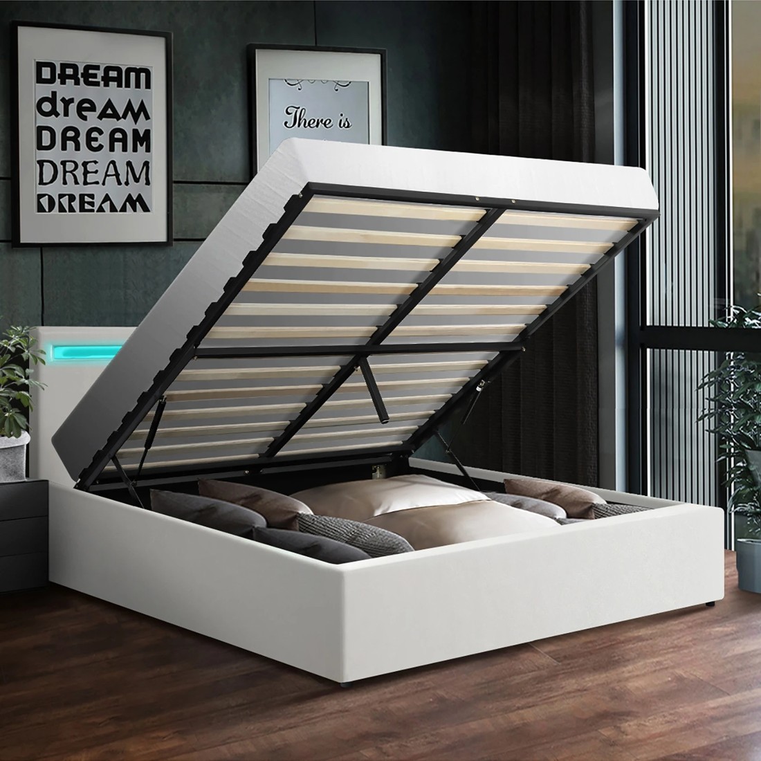 3 Oikiture Double Rgb Led Bed Frame Gas Lift Beds With Storage Base
 - White, 3 of 10