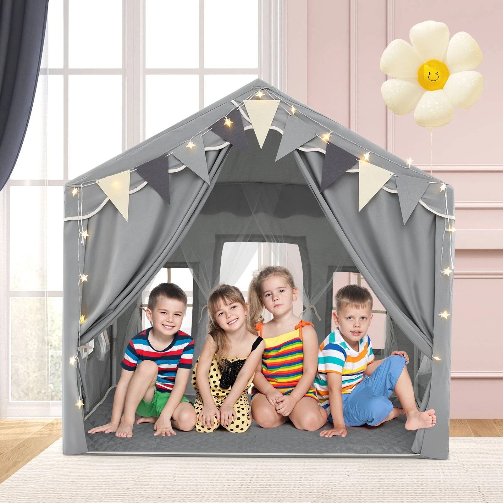 2 Costway Skin-Friendly Large Play Tent House w/Star Lights - Grey, 2 of 2