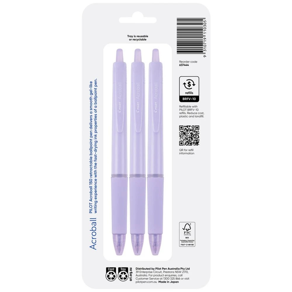 2 PILOT Acroball 150 Ballpoint Pens 0.5mm Pastel Violet 3 Pk, 2 of 7