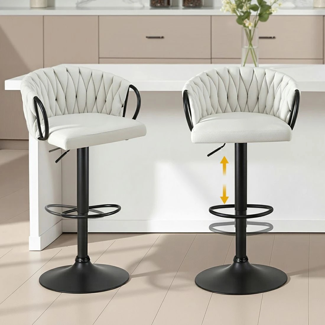 4 Artiss Bar Stool x2 Kitchen Dining Chair Counter Gaslift Woven Velvet - Beige, 4 of 6