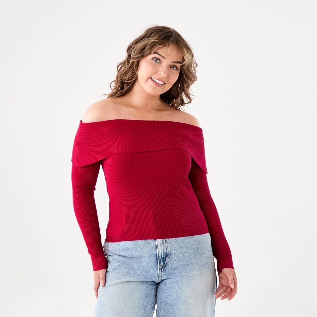 1 Long Sleeve Off Shoulder Top Cherry Red, 1 of 6