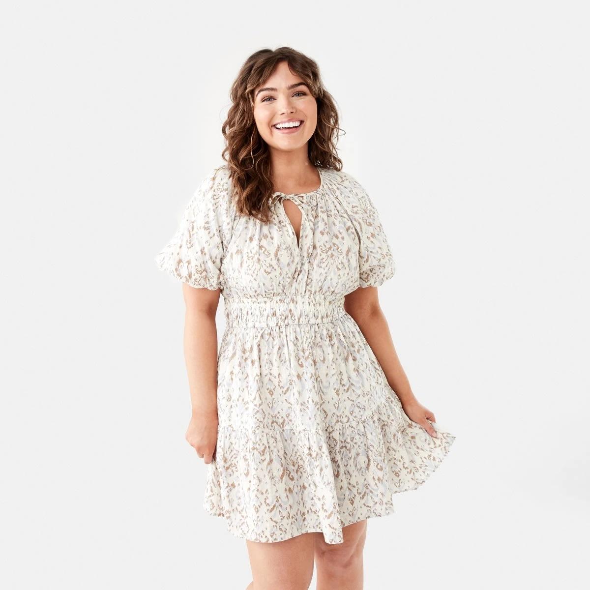 1 Short Sleeve Shirred Waist Mini Dress IKAT BRUNI BLUE, 1 of 11