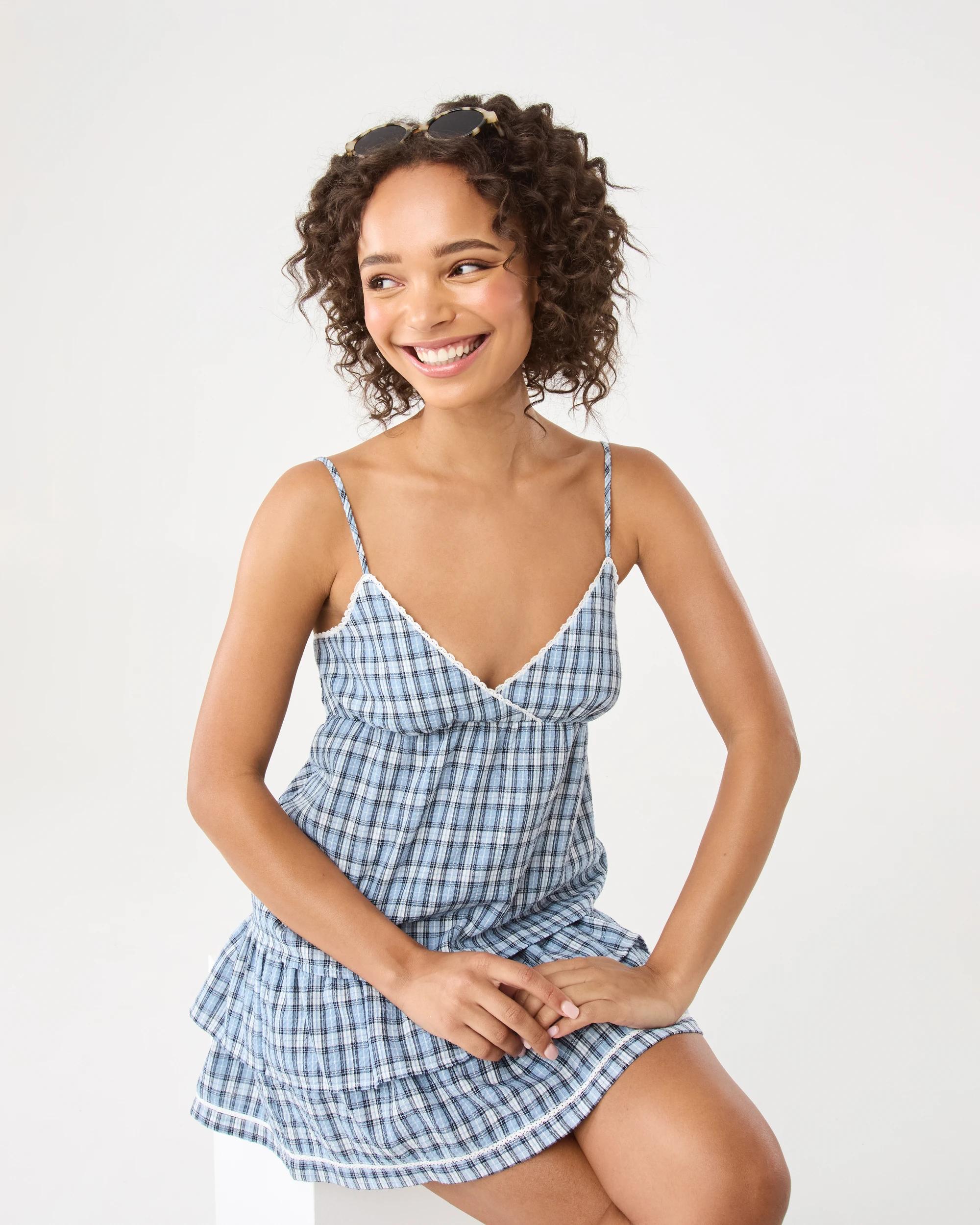 10 Sleeveless V-Neck Check Cami Blue Check, 10 of 10