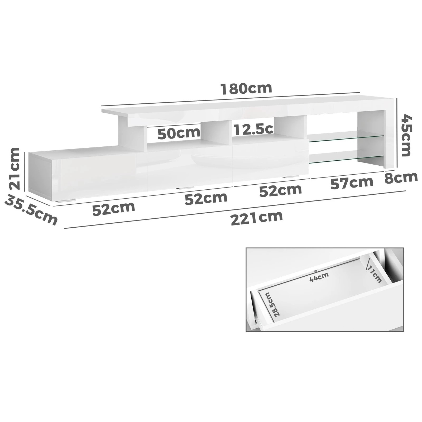 2 Alfordson Entertainment Unit 220cm TV Stand LED Light Storage Gloss - White, 2 of 10