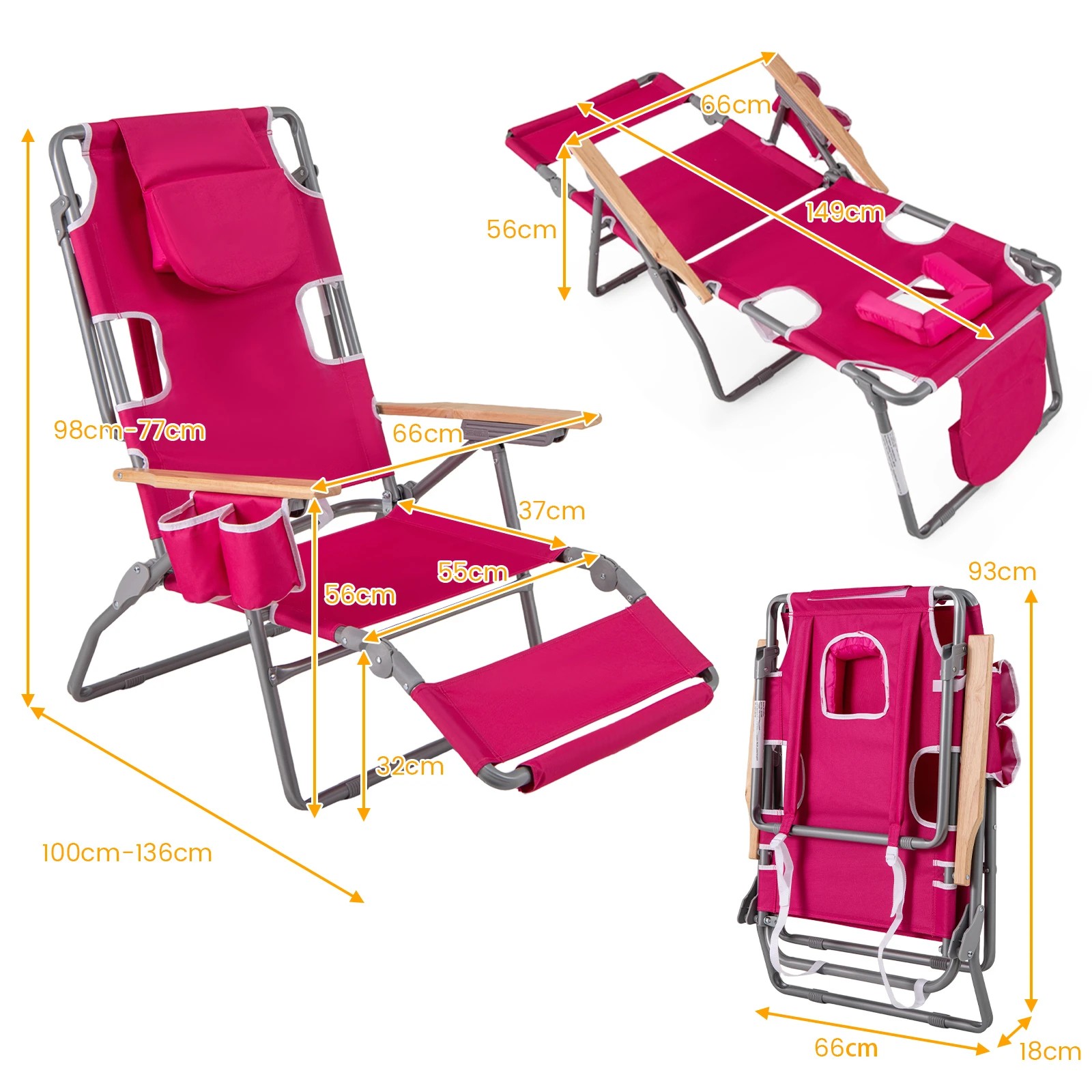 2 Costway 3-in-1 Foldable Beach Chair Portable Sunbathing Lounger w/Face Hole - Pink, 2 of 5