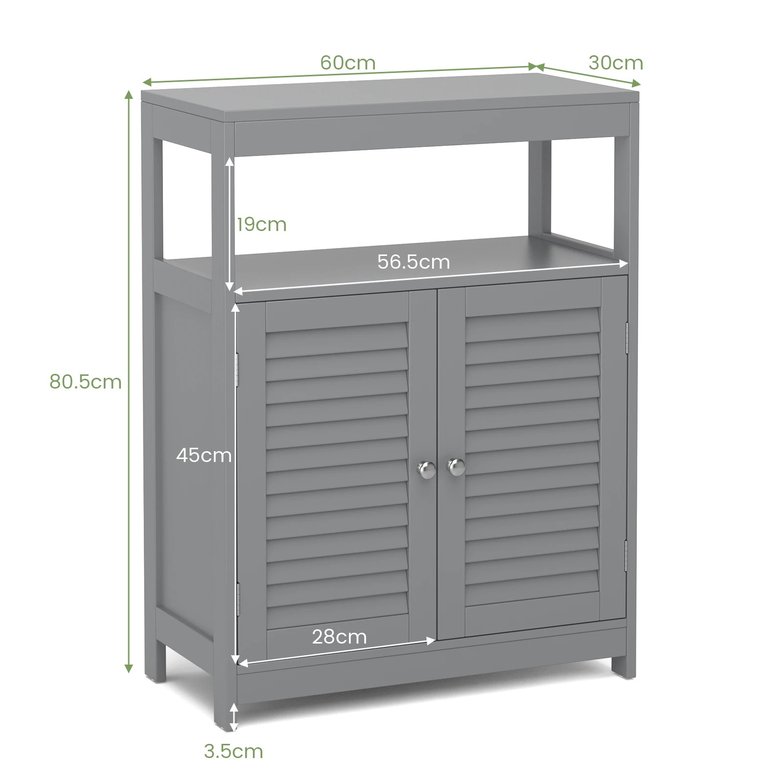 2 Costway Bathroom Storage Cabinet Floor Storage Cupboard w/2 Doors & Open Shelf - Grey, 2 of 7
