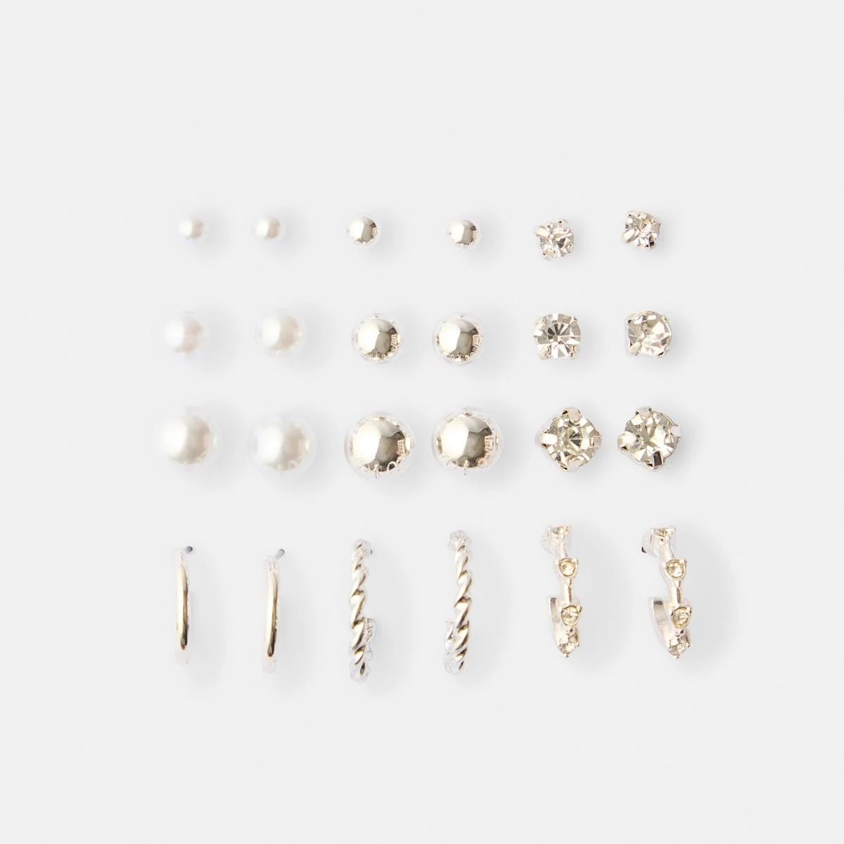 1 12 Pack Diamante Faux Pearl Hoop and Stud Earrings - Silver Tone Silver, 1 of 5