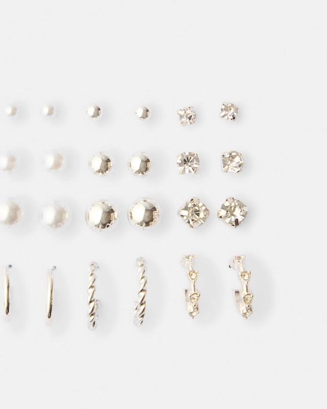12 Pack Diamante Faux Pearl Hoop and Stud Earrings - Silver 