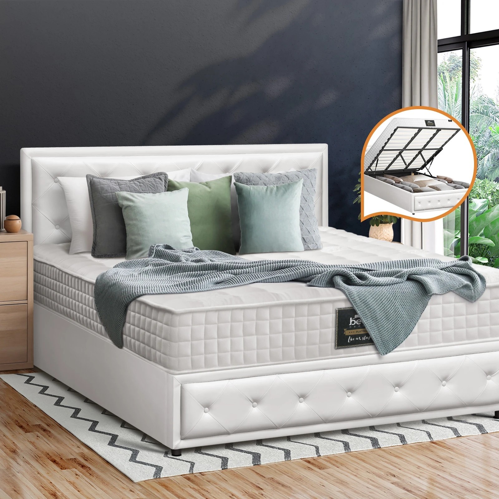 3 Oikiture Bed Frame King Size Gas Lift Storage Mattress Base Leather - White, 3 of 8