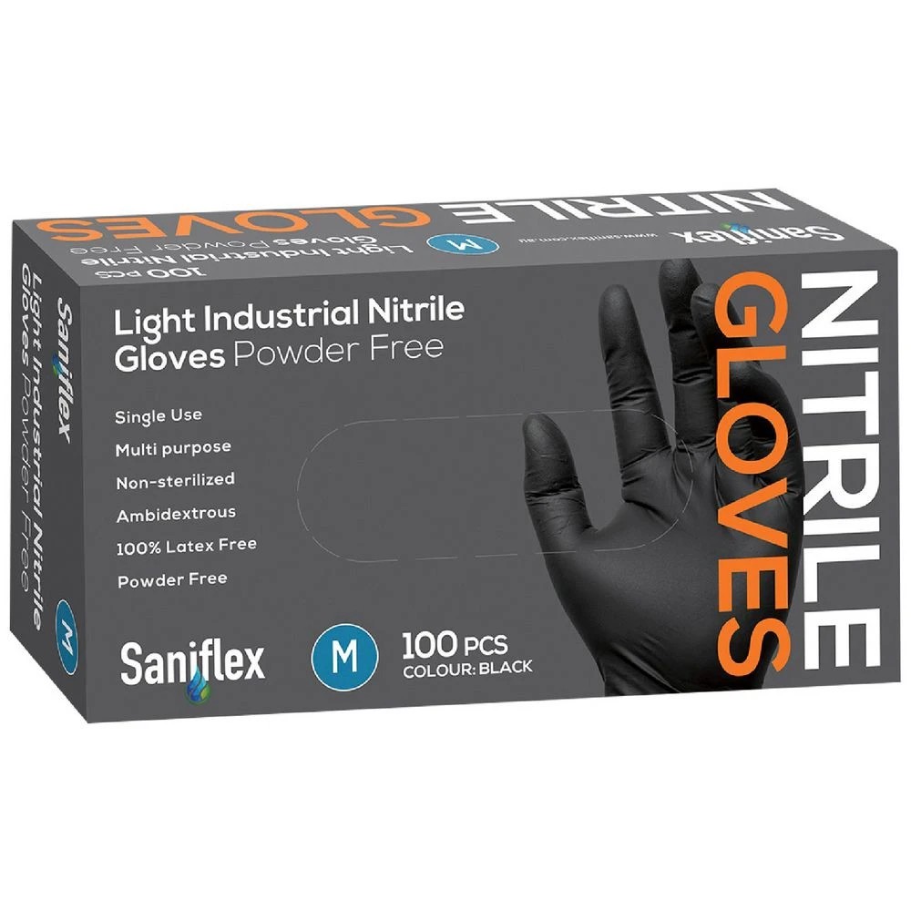 1 Saniflex Light Industrial Nitrile Gloves Med 100 Pack Black, 1 of 1