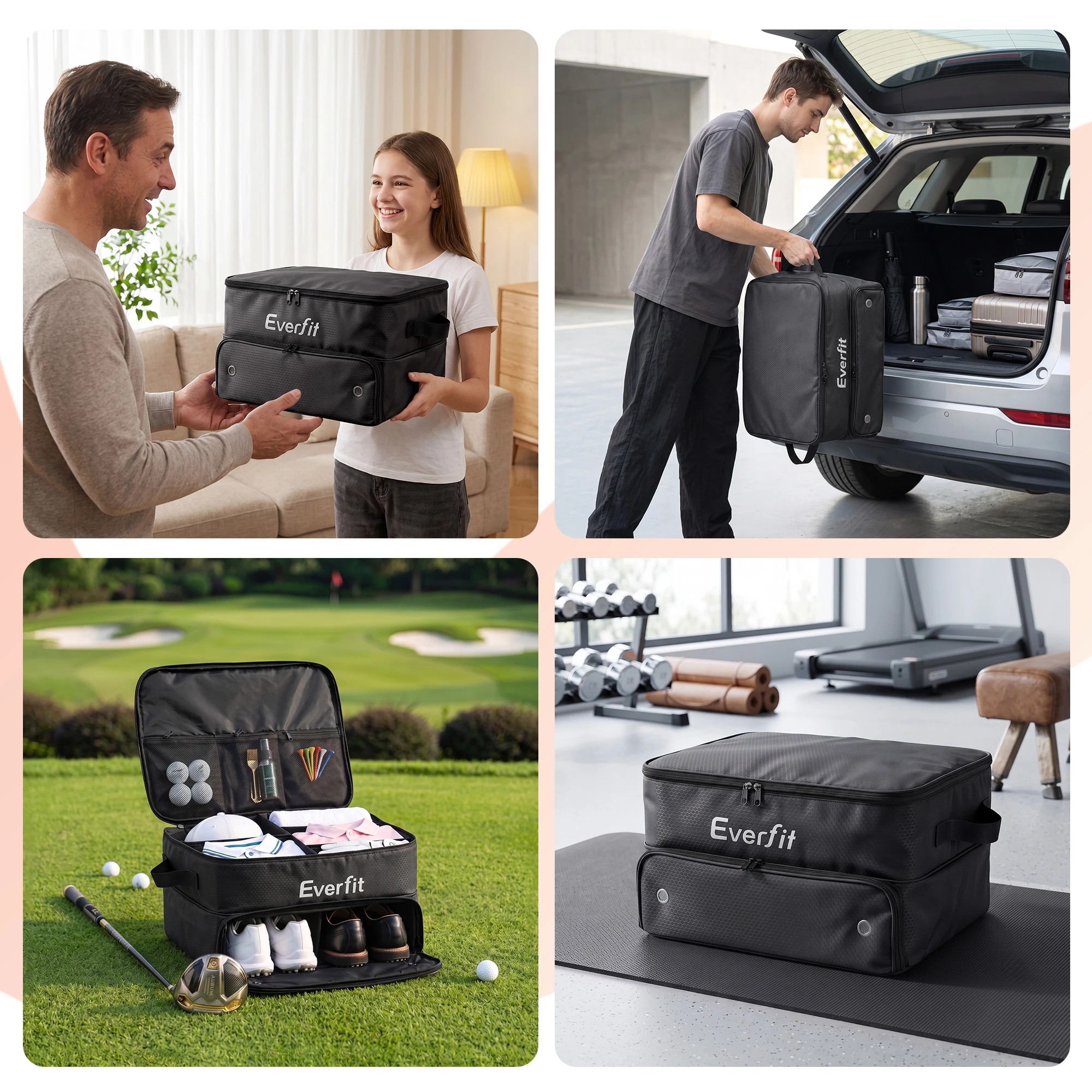 6 Everfit Golf Trunk Organizer for Car, 2-Tier Golf Storage Bag with Ventilated Shoe Compartment - Black, 6 of 8