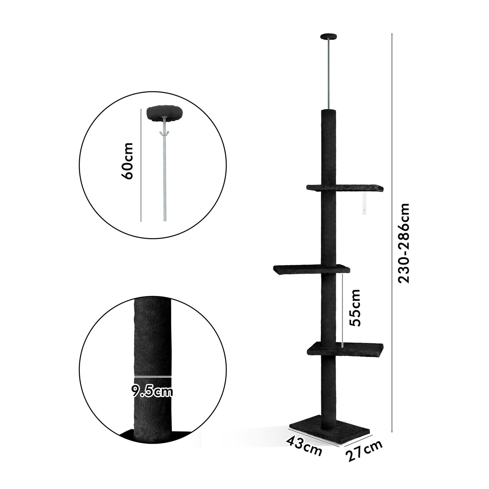 3 Beastie Cat Tree Scratching Post Scratcher Tower Condo House Furniture 230-286cm - Black, 3 of 5